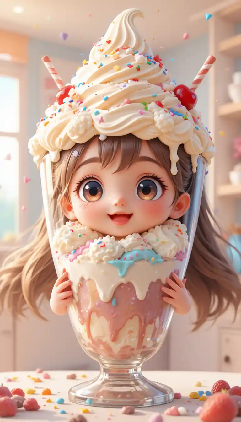 Cute anime girl admiring a giant ice cream sundae