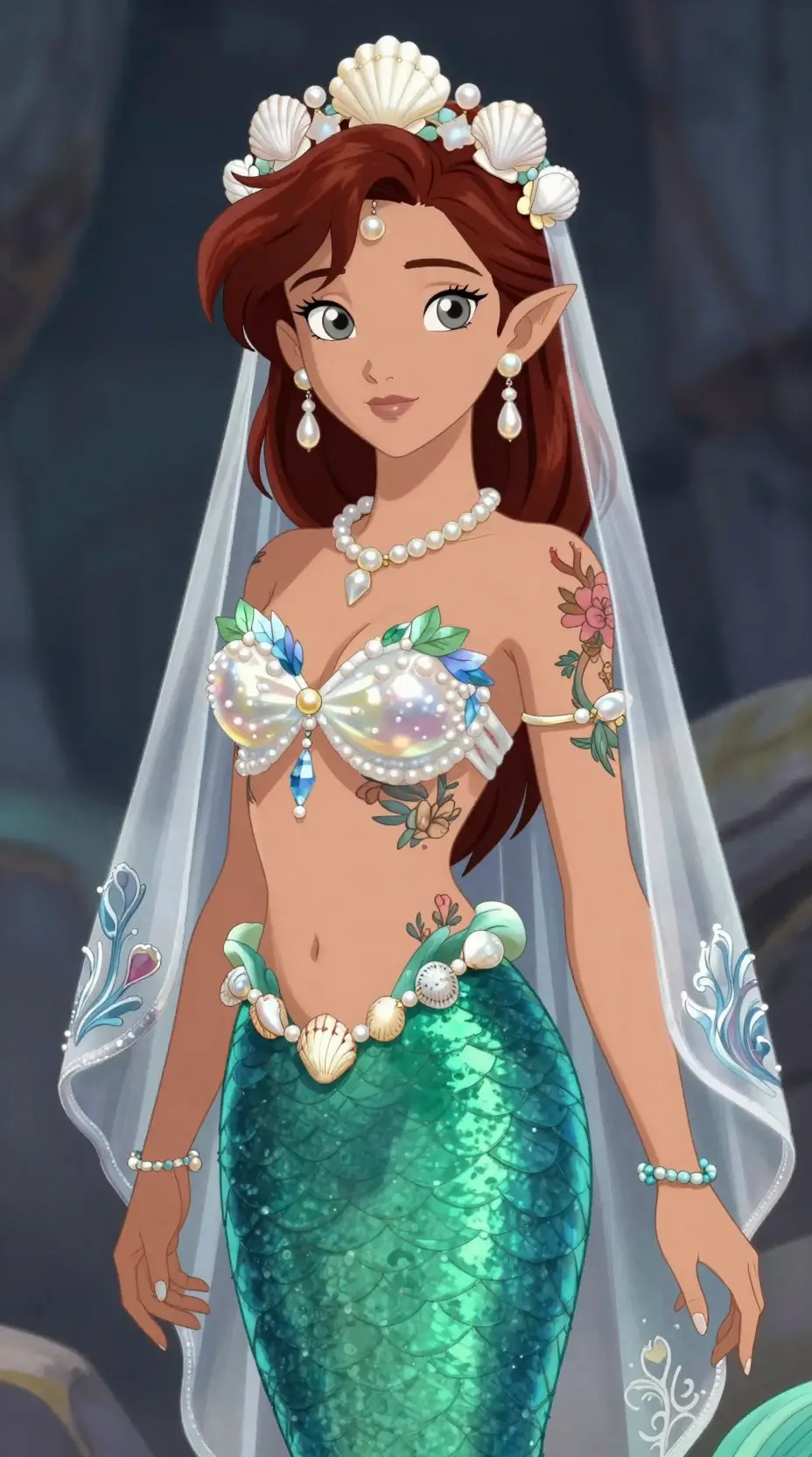 Elegant mermaid girl with emerald tail and sea shell crown