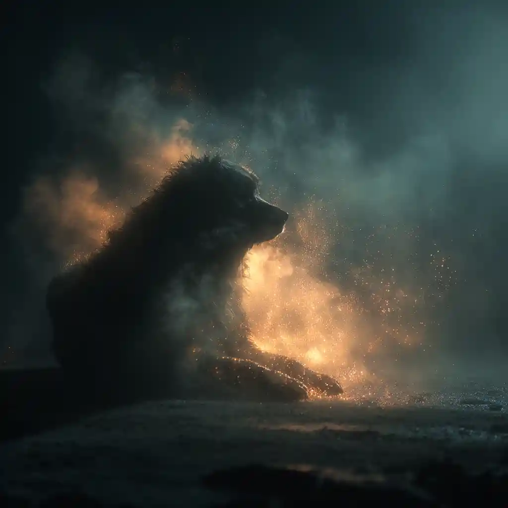 Cinematic bear in fog with dramatic volumetric light rays