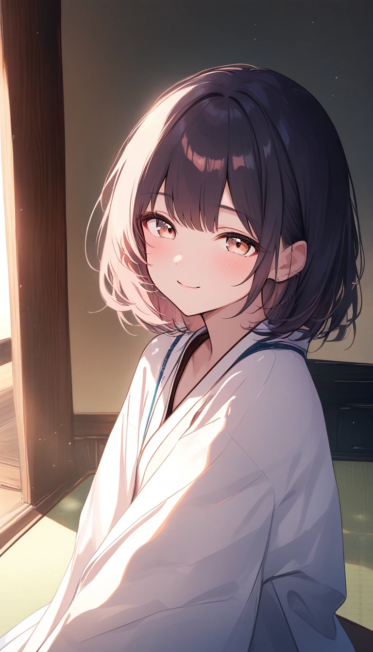 Smiling Japanese inspired girl relaxing in a cozy room