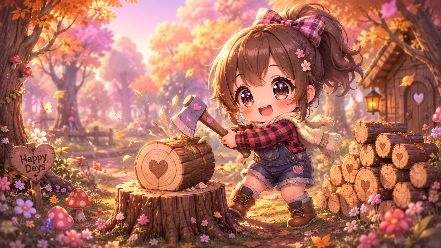 秋の森で薪を割るかわいいちびアニメ少女