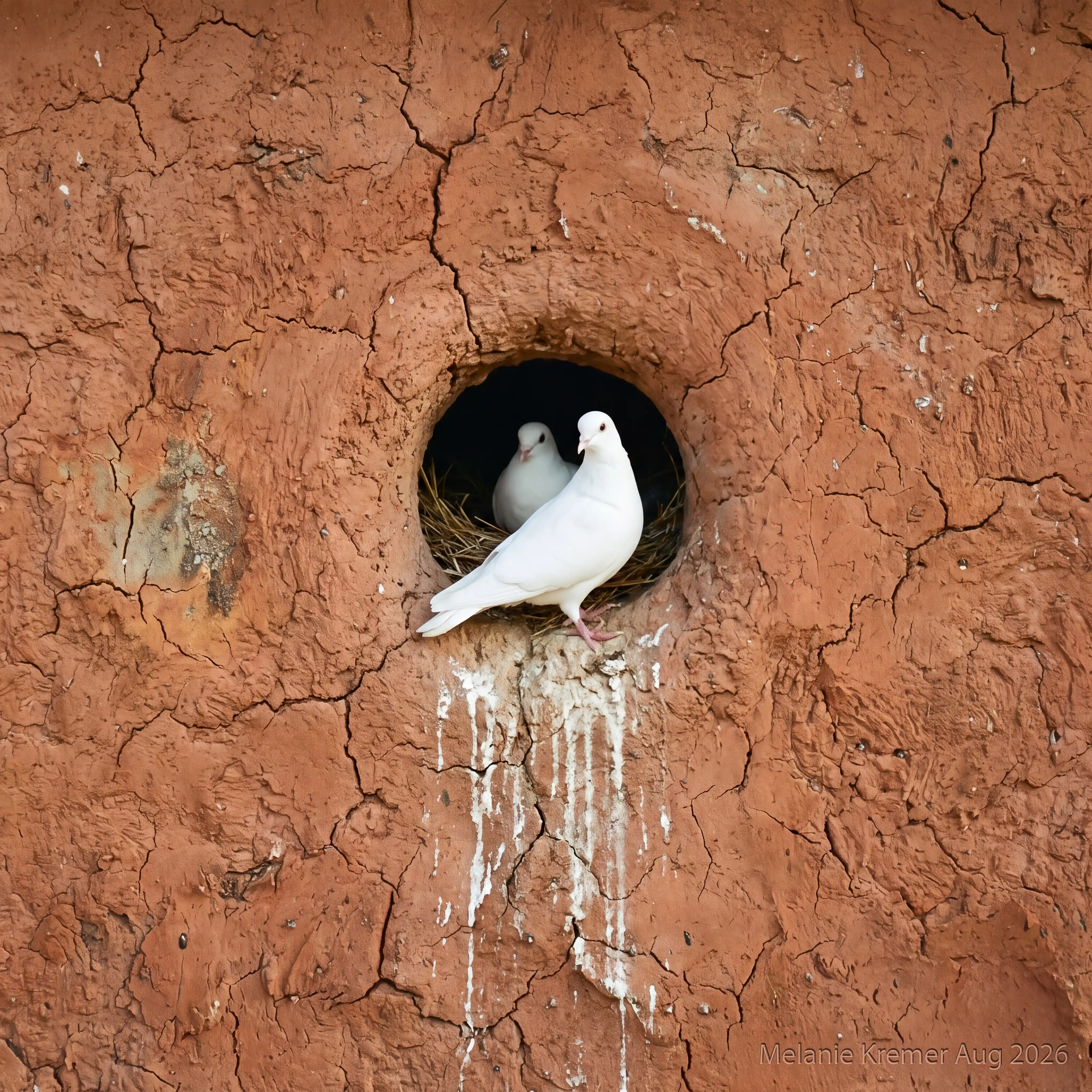 White doves nesting in a weathered red clay wall