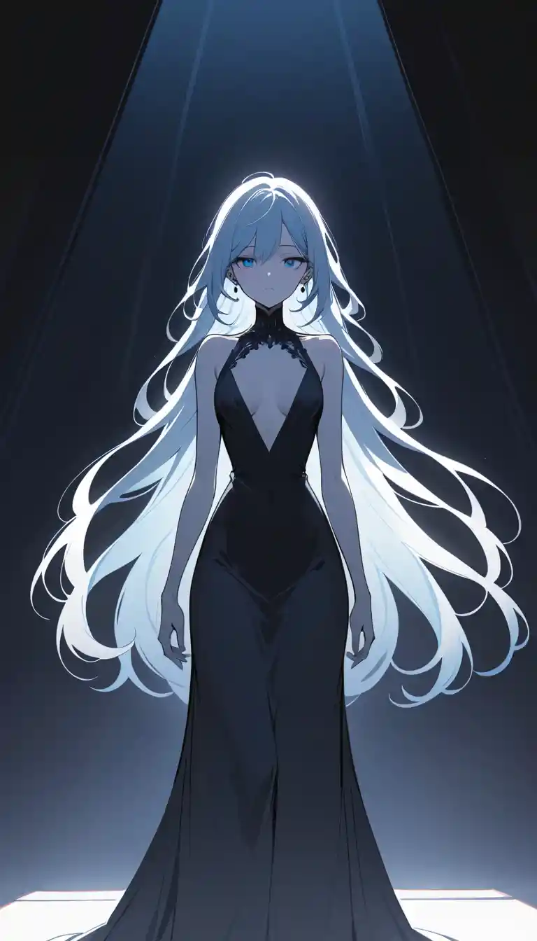 Elegant blue haired woman in black dress against dark void