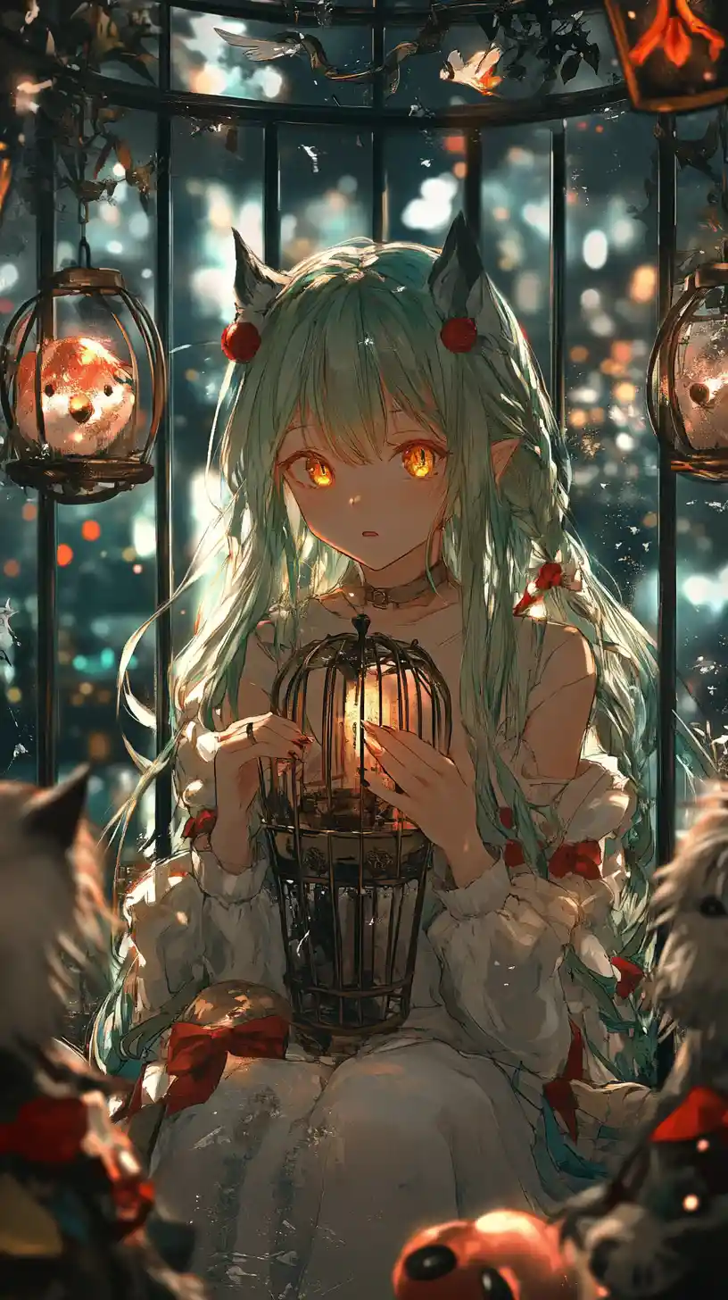 Anime girl singing inside a golden cage of pillows
