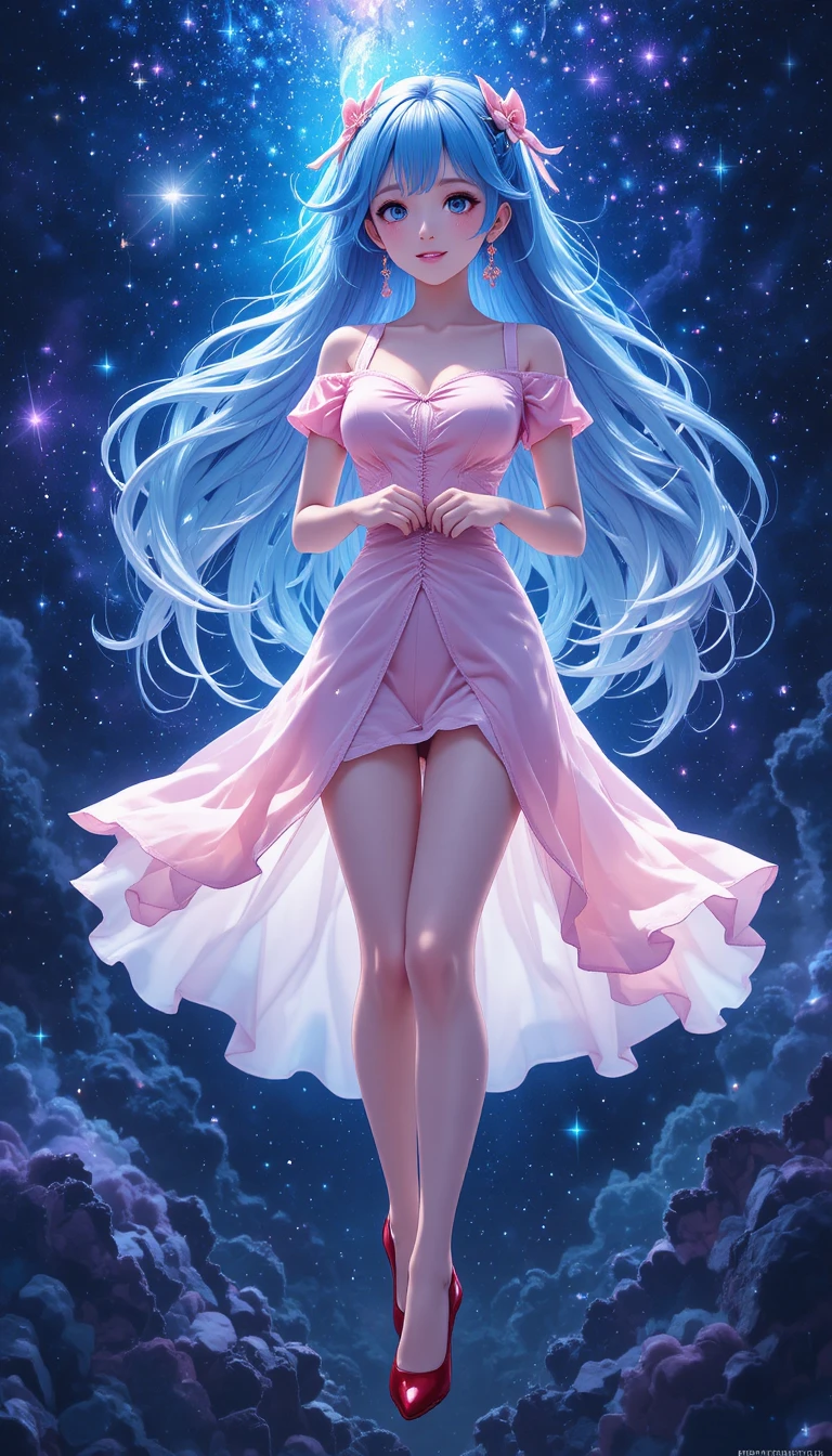 Blue haired anime woman in pink dress smiling in space