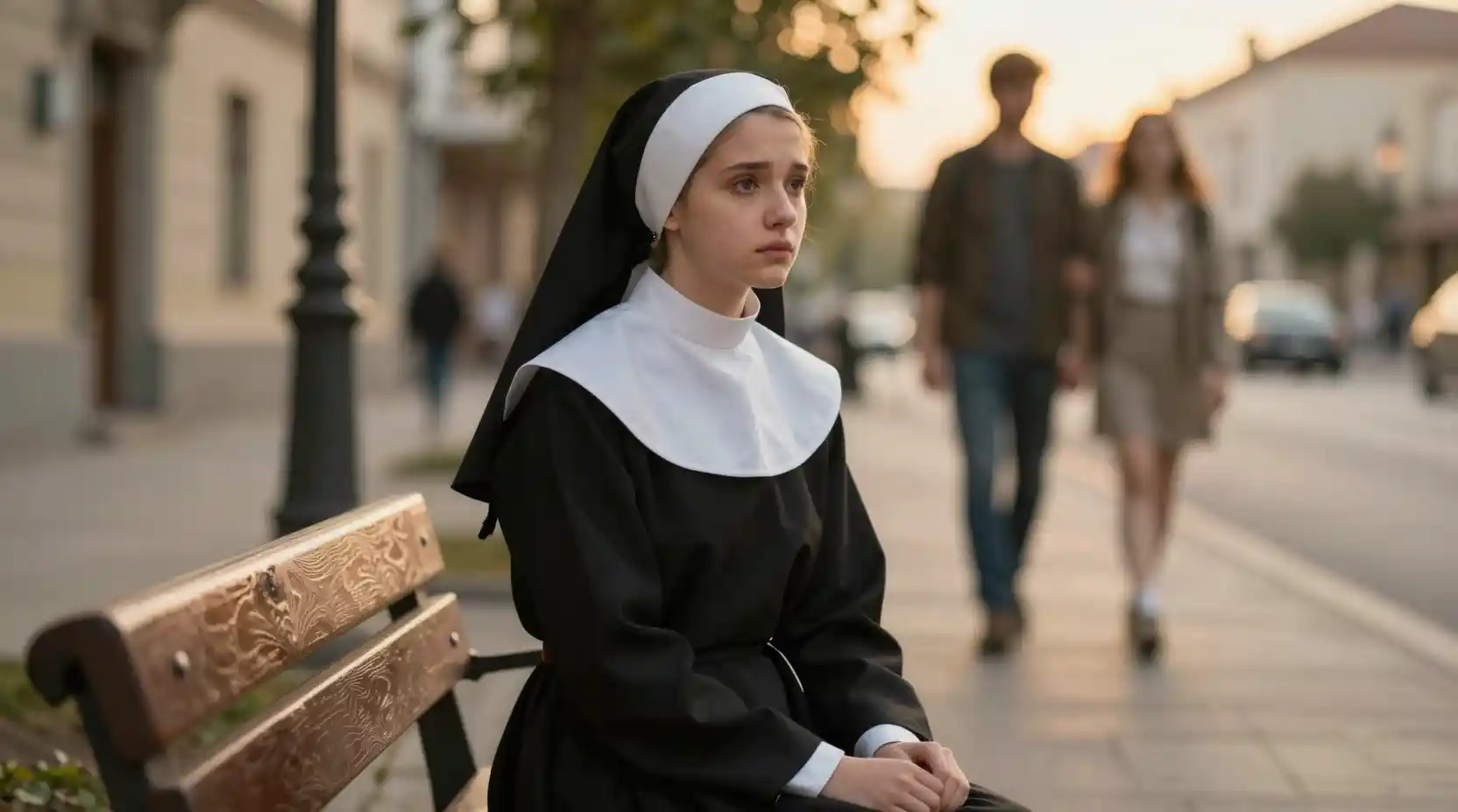 Young nun on city bench at warm golden sunset
