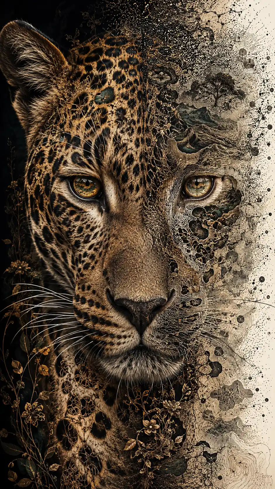 Surreal Leopard Portrait With Topographic Rosette Patterns