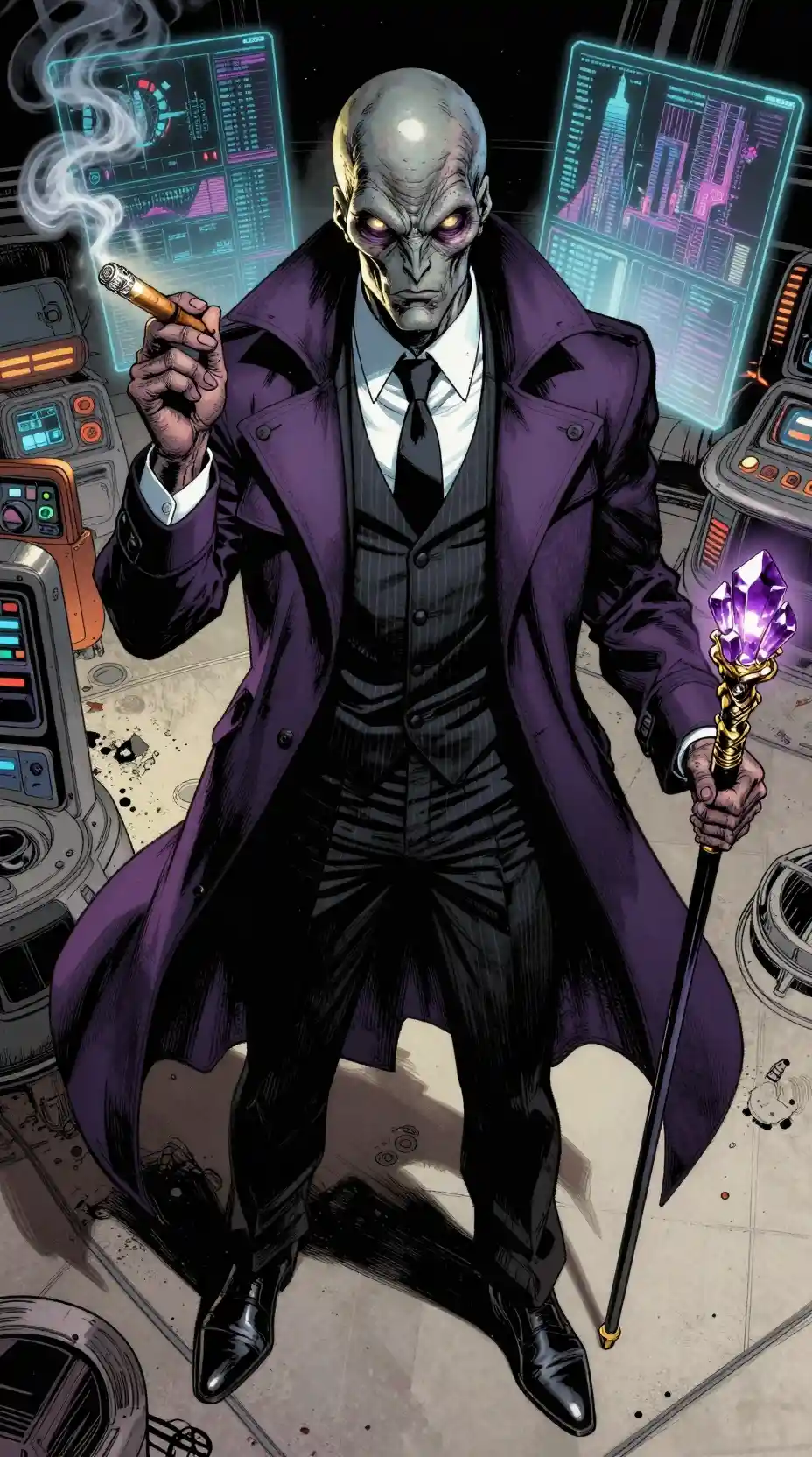 Alien gangster mastermind in futuristic space station office