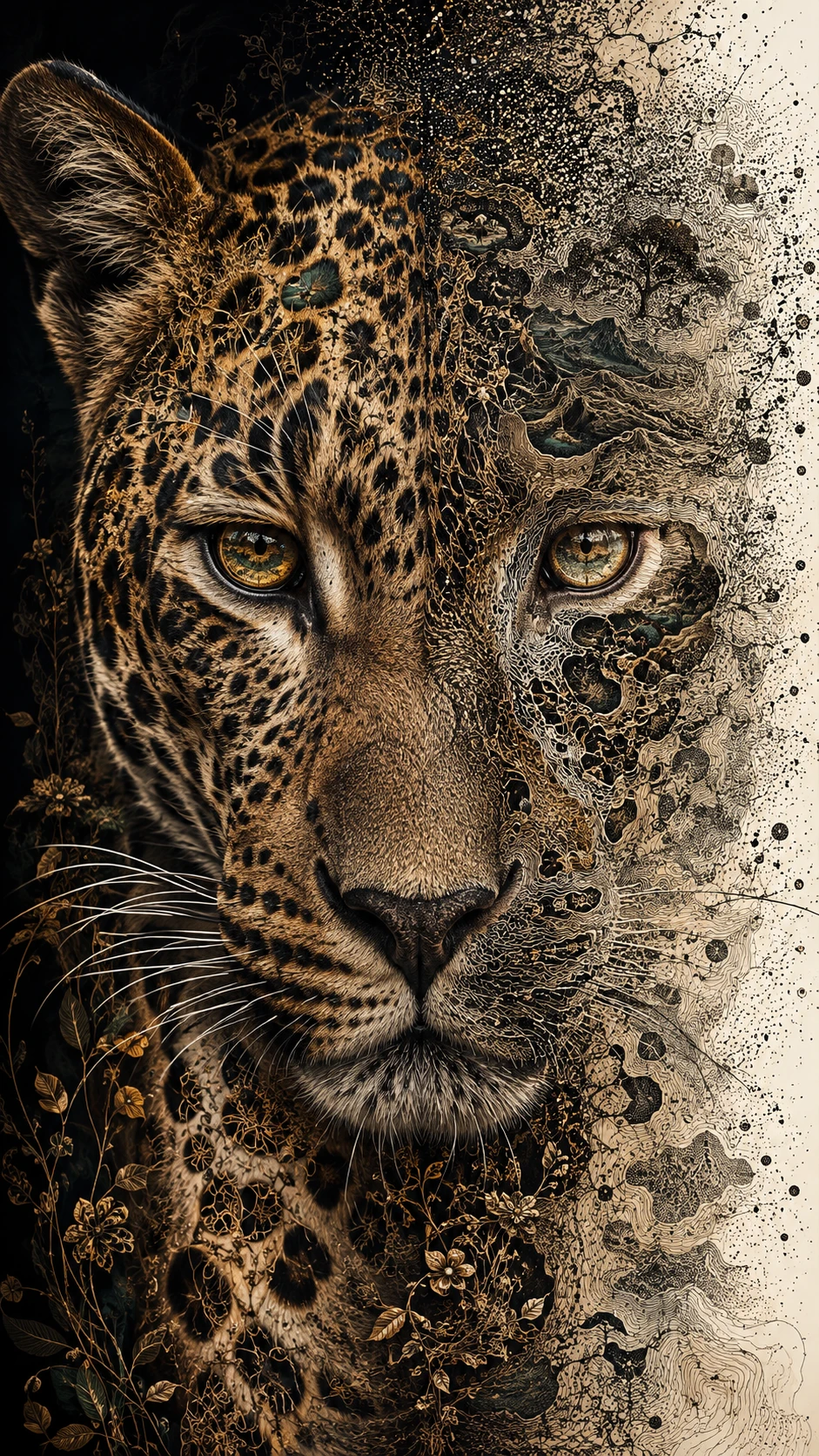 Surreal Leopard Portrait With Topographic Rosette Patterns