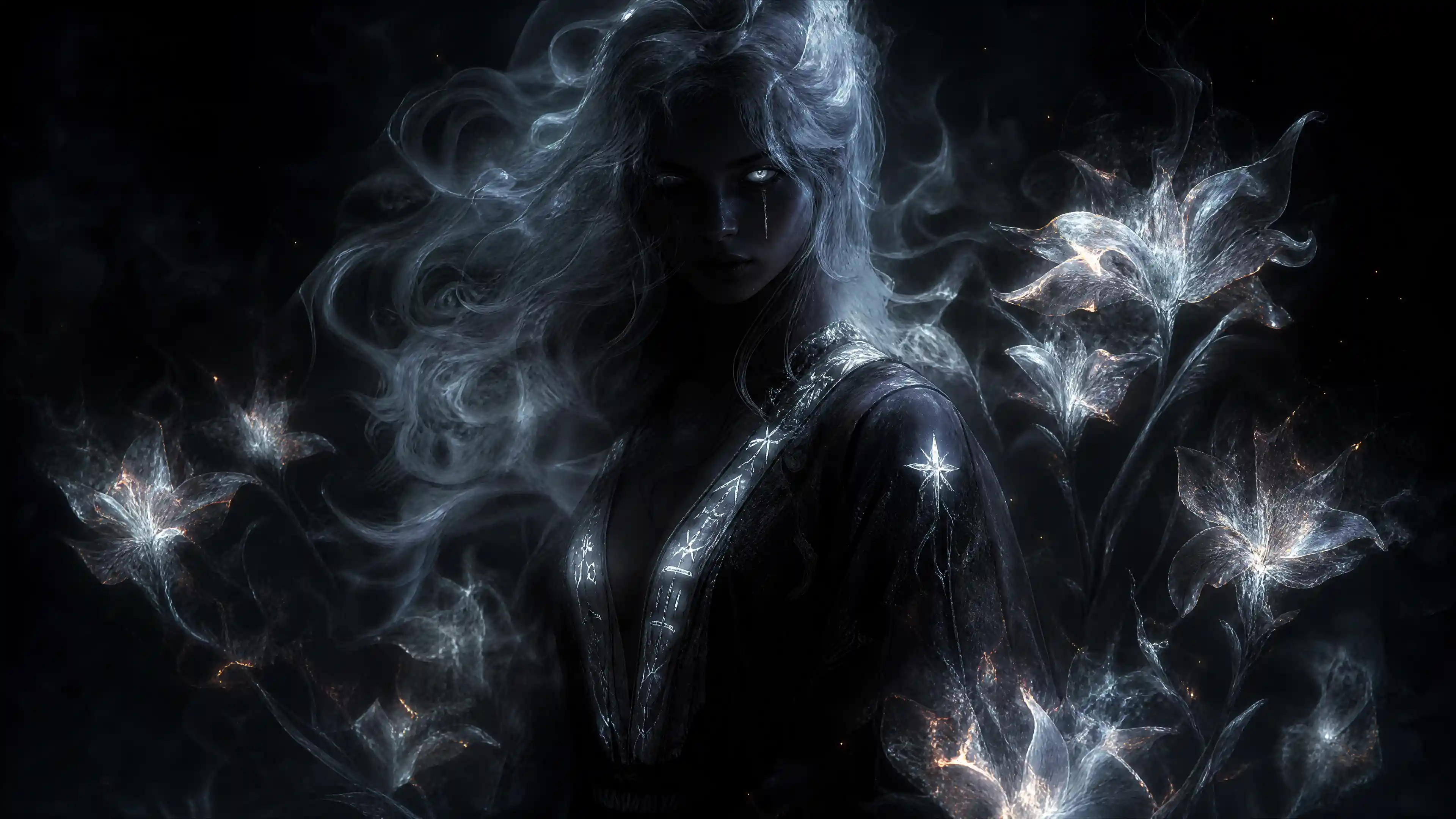 Mystical woman in a dark fantasy world with glowing eyes
