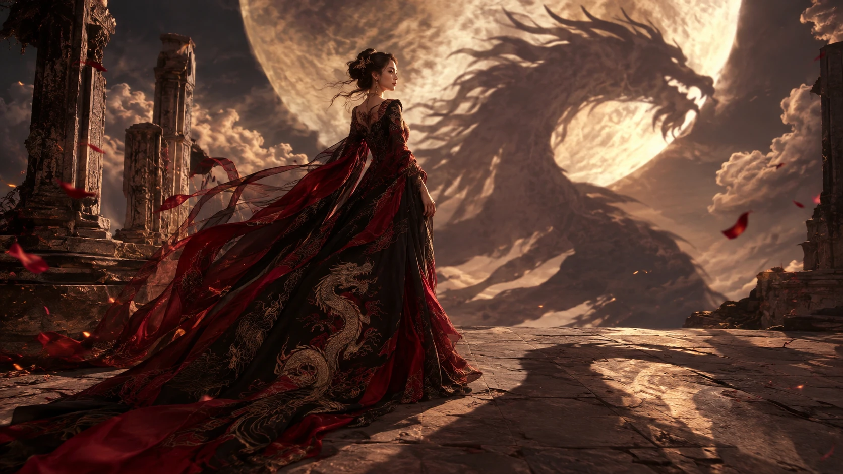 Woman in dragon shadow gown under an enormous moon