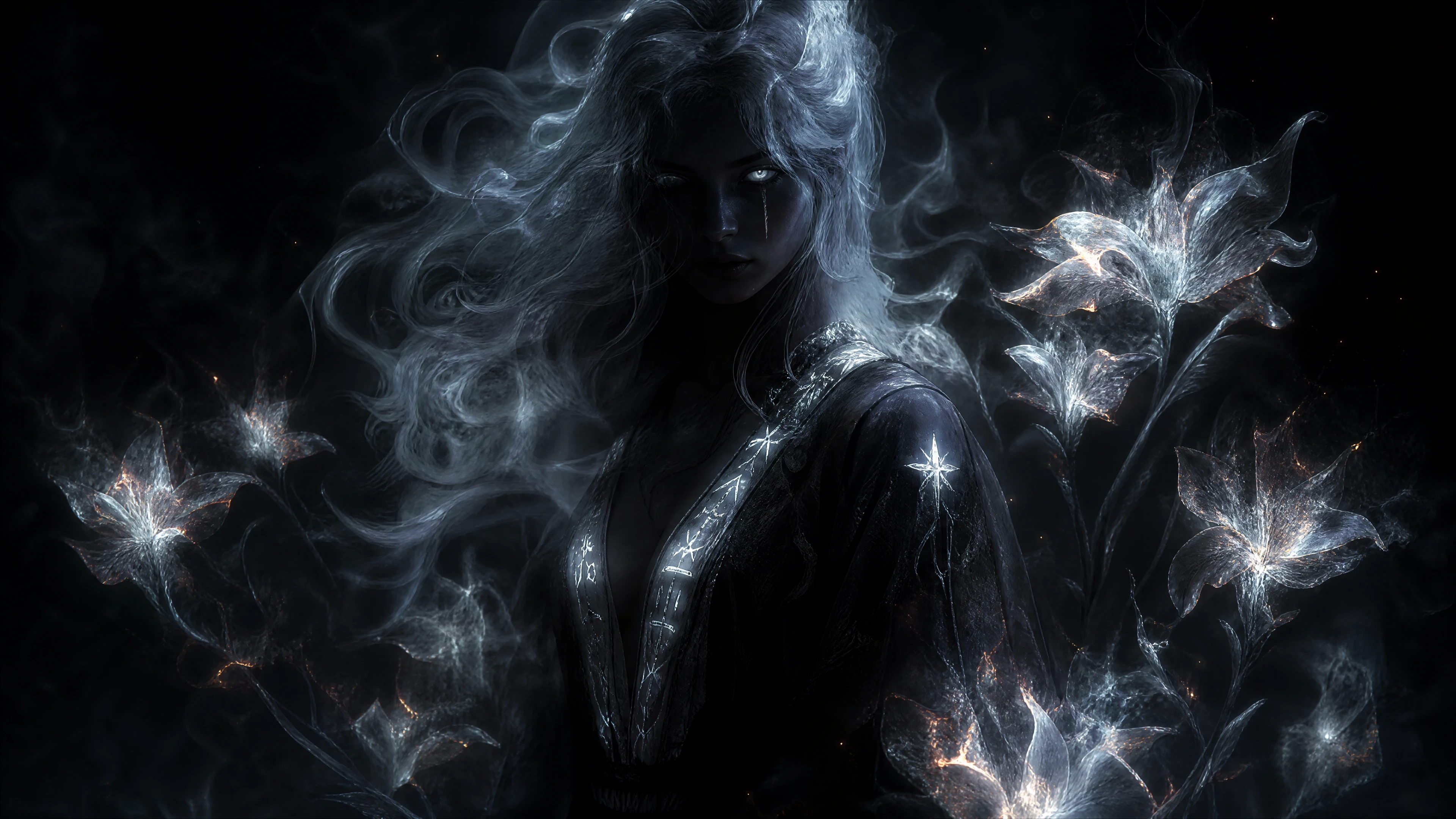 Mystische Frau in einer Dark-Fantasy-Welt mit leuchtenden Augen