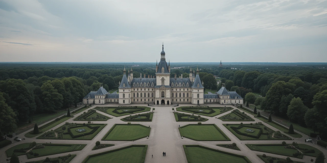 Vista aérea de un majestuoso château renacentista francés y sus jardines