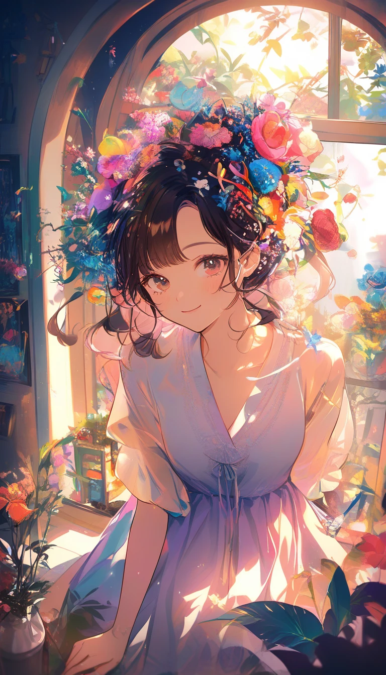 Smiling anime girl in a cozy sunlit otaku room