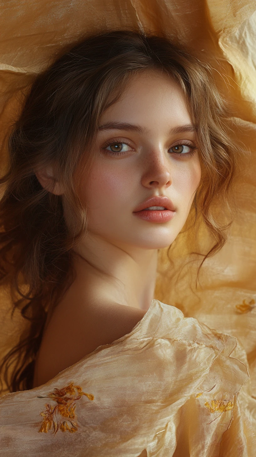 Retrato de mujer joven con fondo de seda en estudio