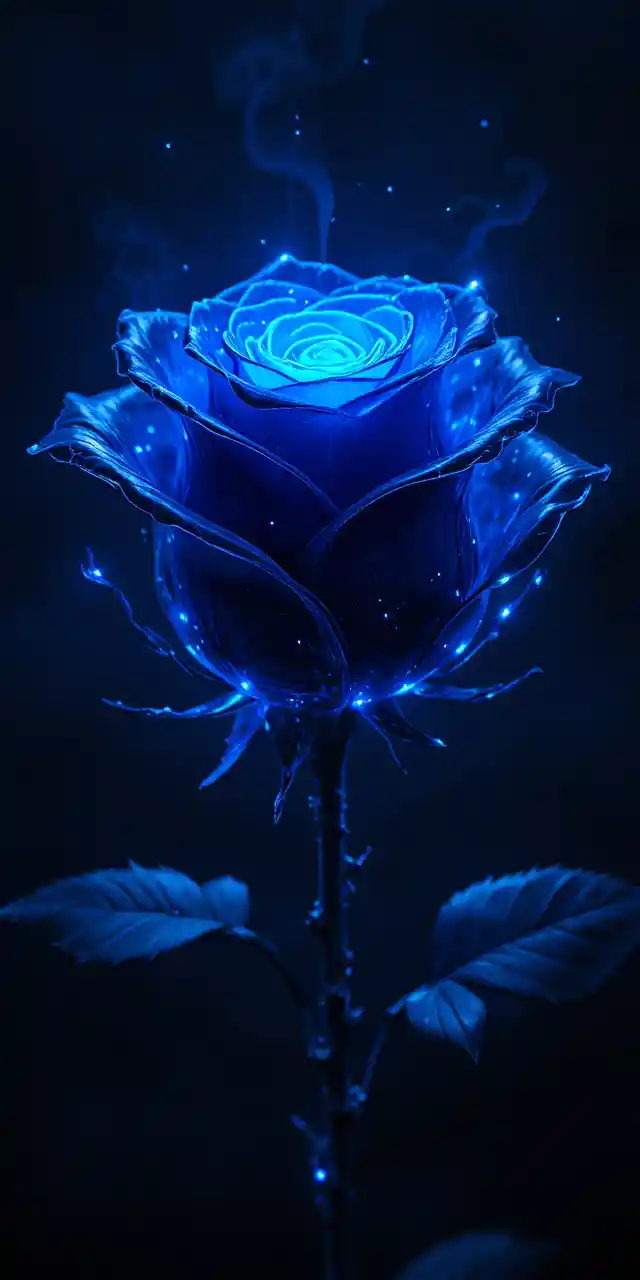 Glowing Black Rose With Blue Light In Dark Abstract Space