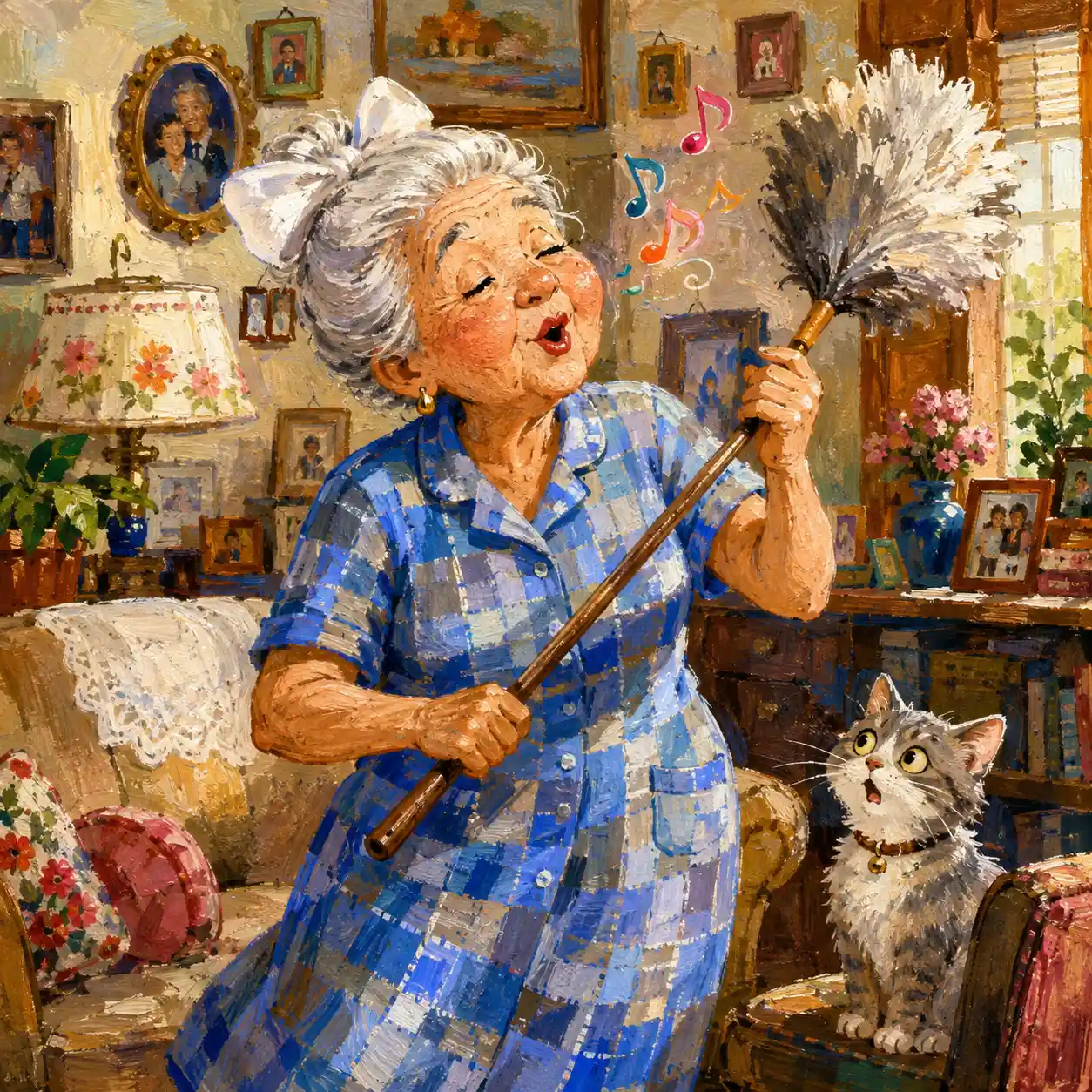 Abuela alegre quitando el polvo en una acogedora sala de estar