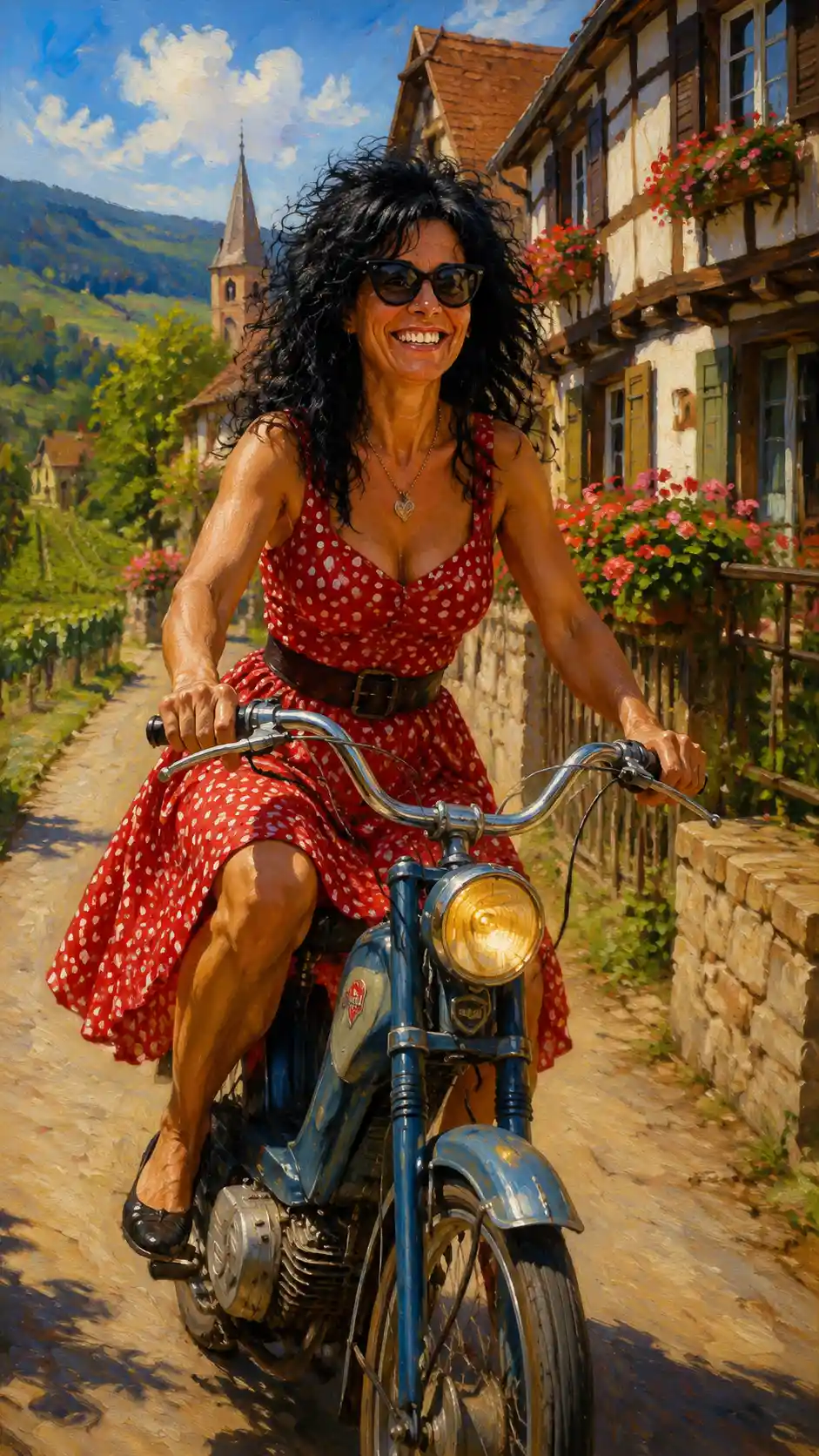 Joyful vintage brunette woman on a moped in sunny village
