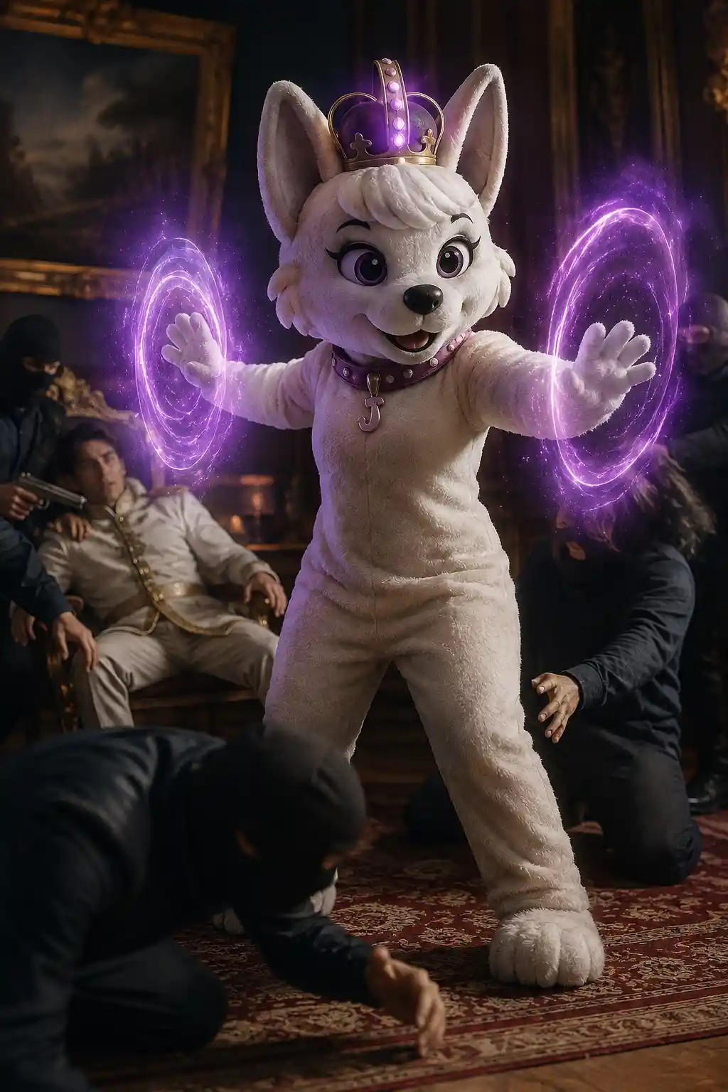 Rainha mascote canina usando seus poderes mágicos de coroa portal