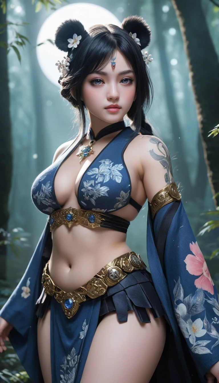 月光森林薄霧中的和服動漫熊貓少女