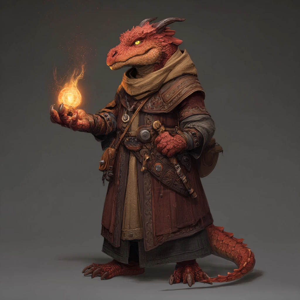 Red dragonborn cleric casting fire magic in brown robes