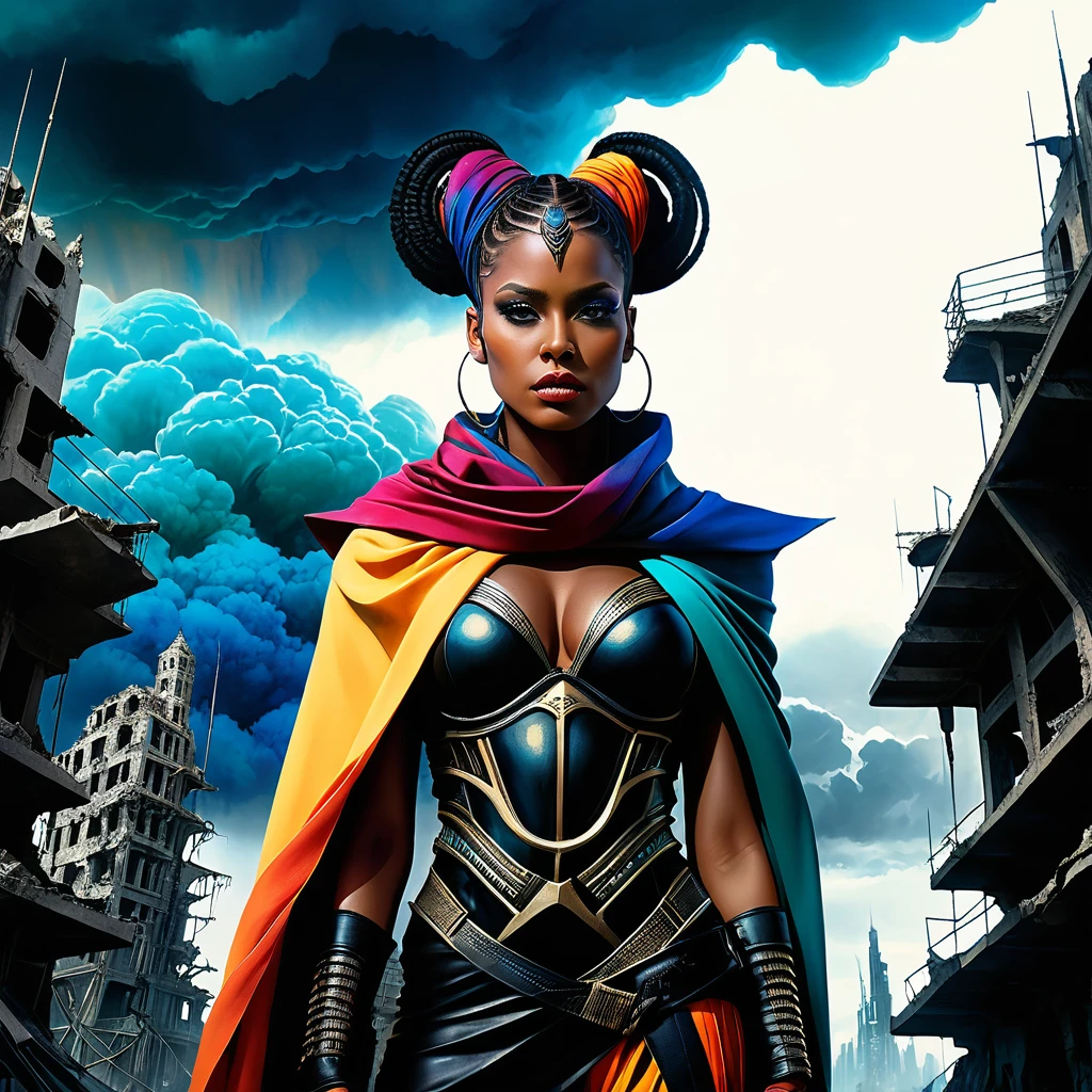 Black female warrior on edge of dystopian ruined city