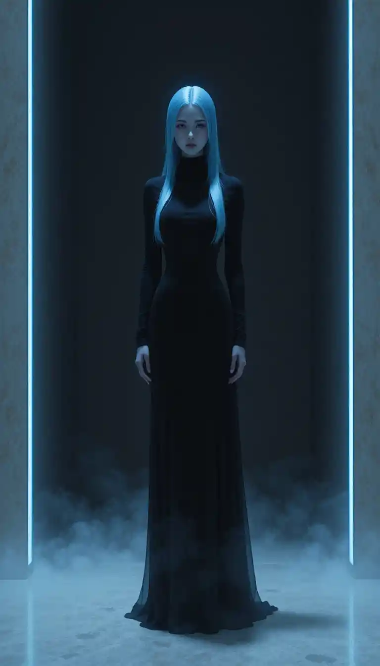 Elegant blue haired woman in black dress on dark background