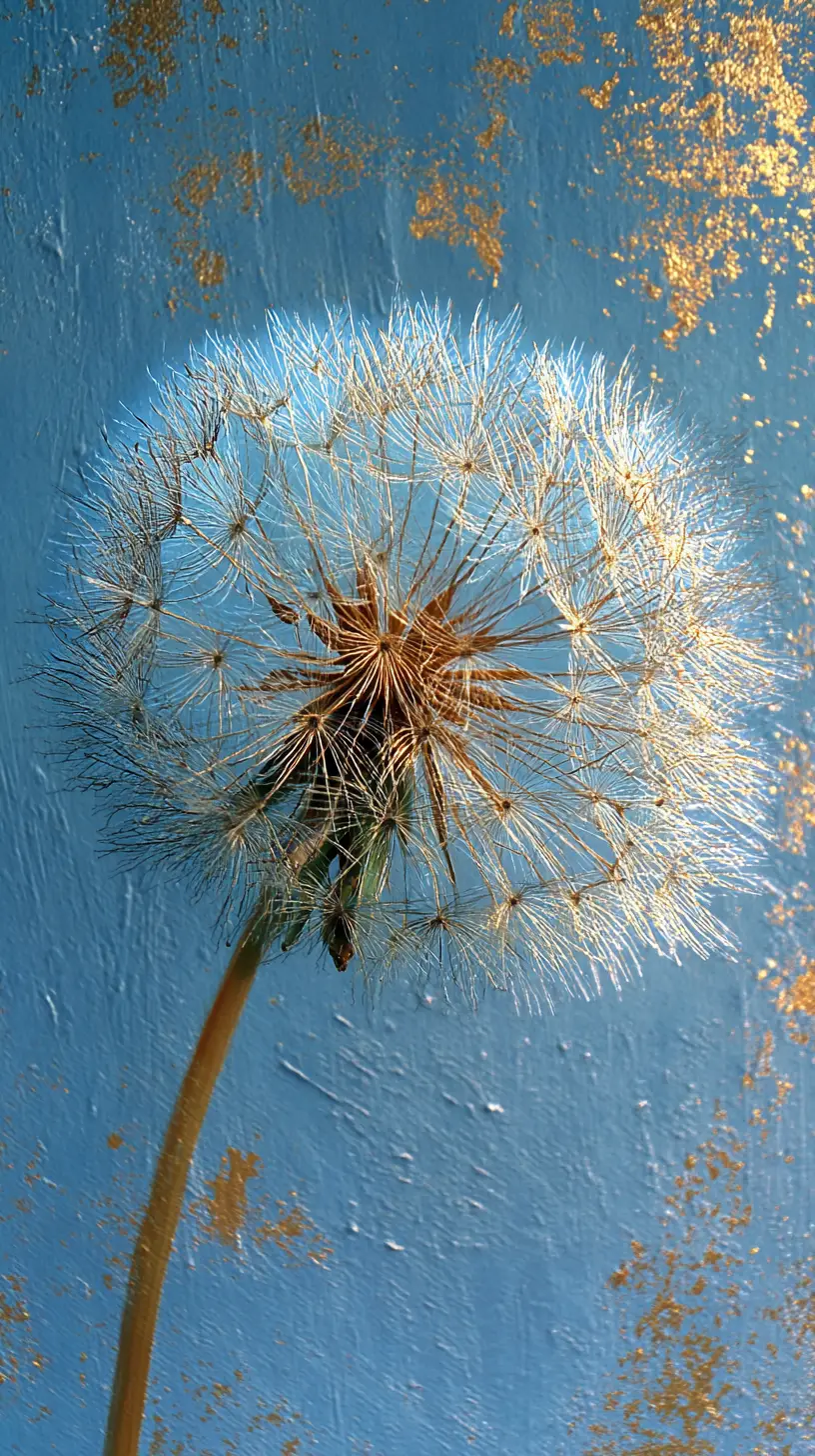 Blau-goldene Pusteblumensamen im sanften Licht