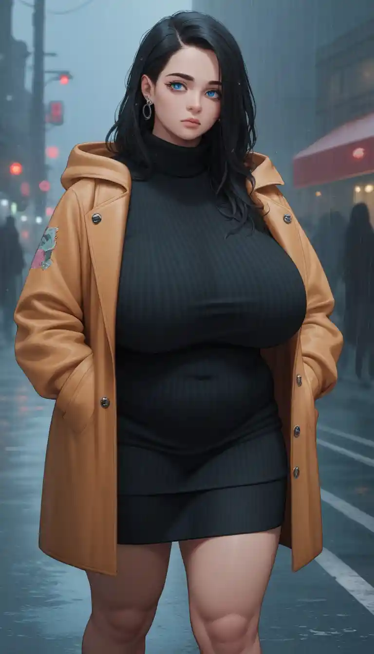 Anime woman in hoodie on rainy dark city street