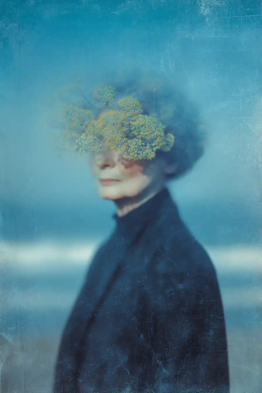 Mature surreal woman weaving flowers from rolling sea waves