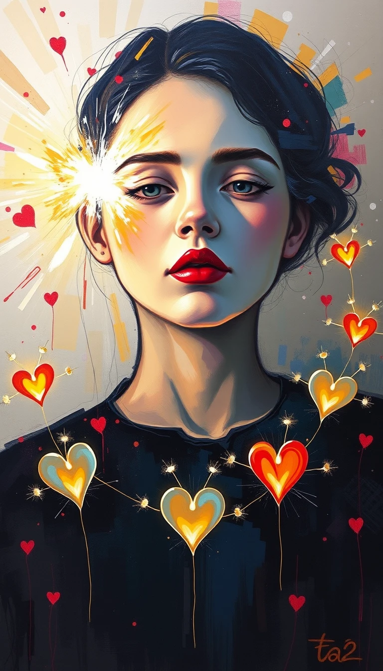 Joven irradiando amor luminoso en pintura abstracta