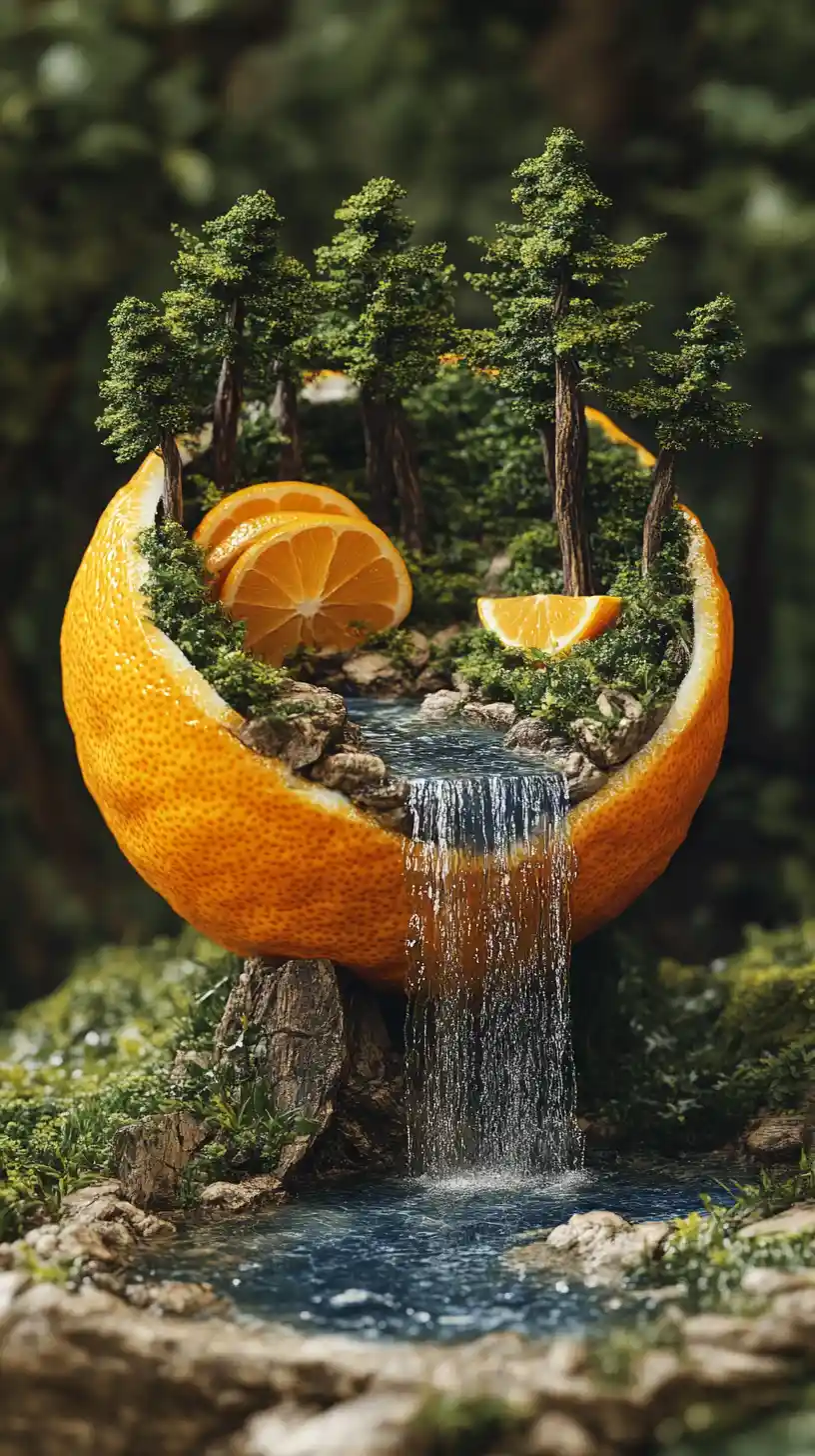 Paisagem surreal de limão com lago e cachoeira fluindo