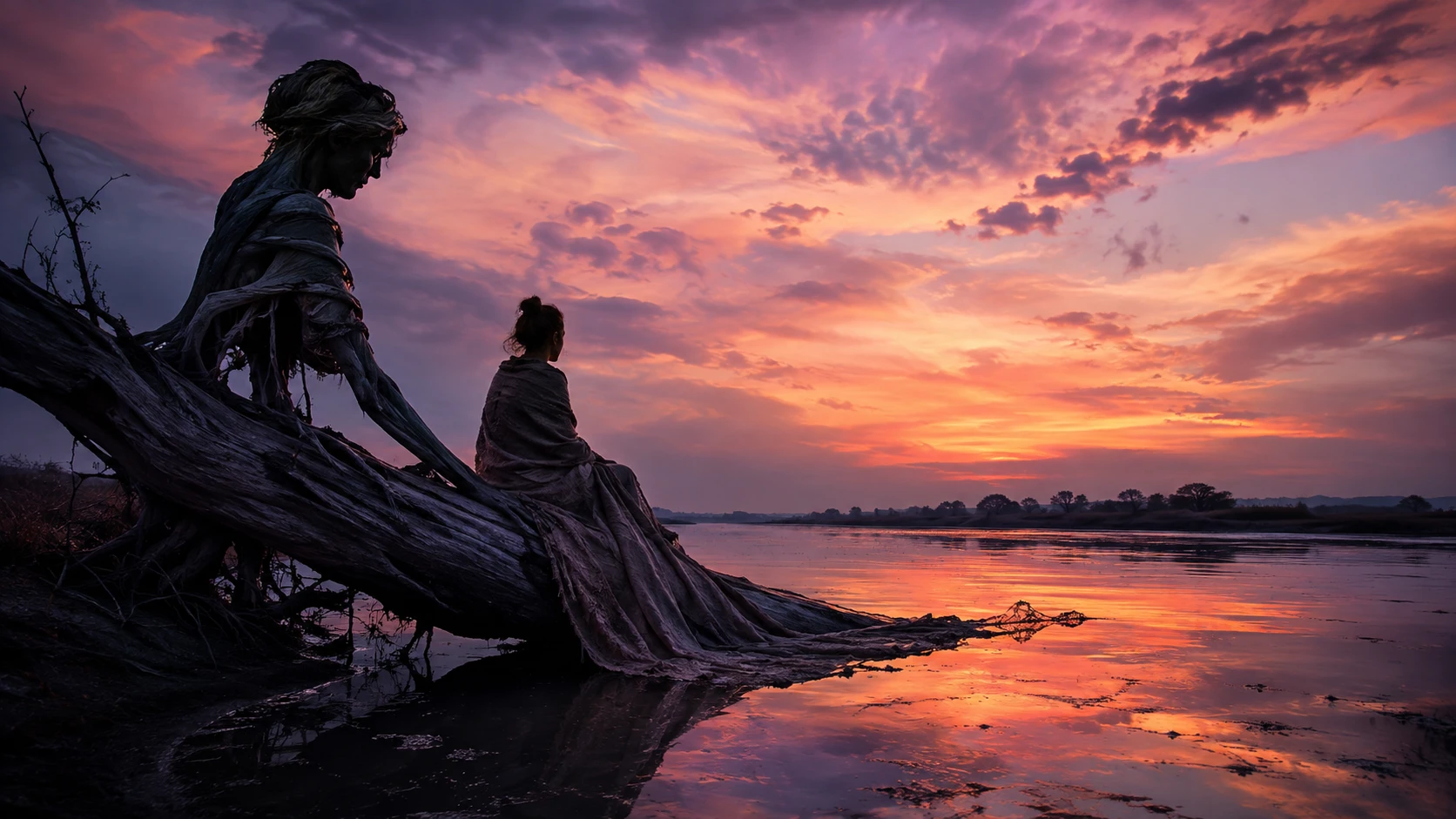Woman on a fallen tree by the river at sunset