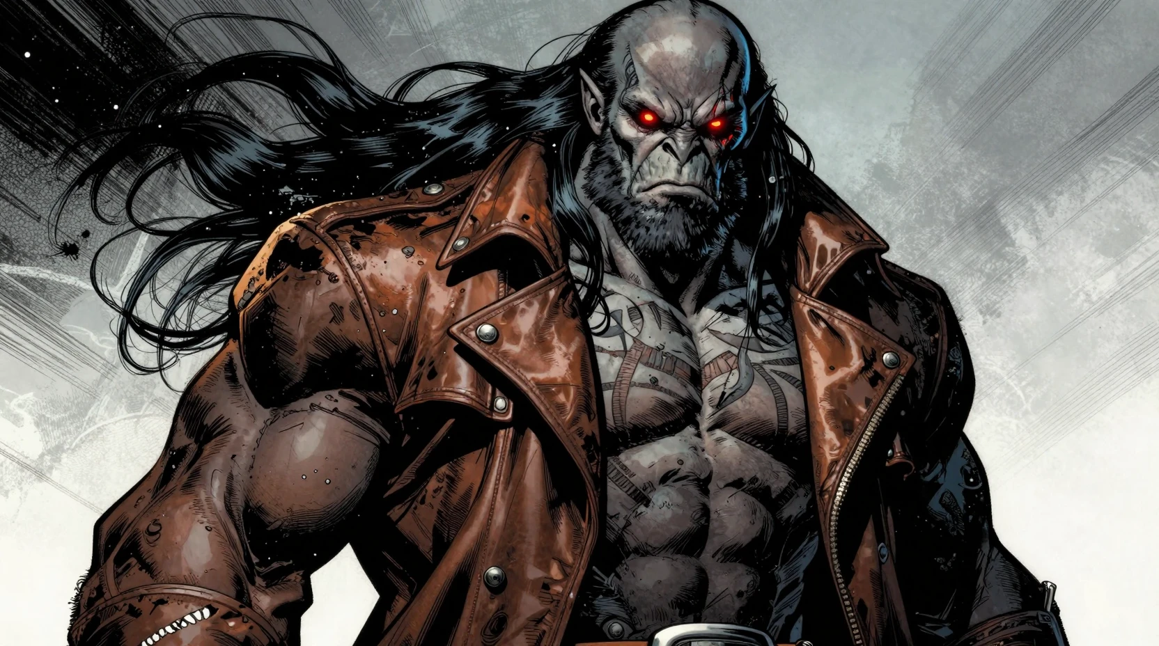Towering orc gangster in cinematic space opera illustration