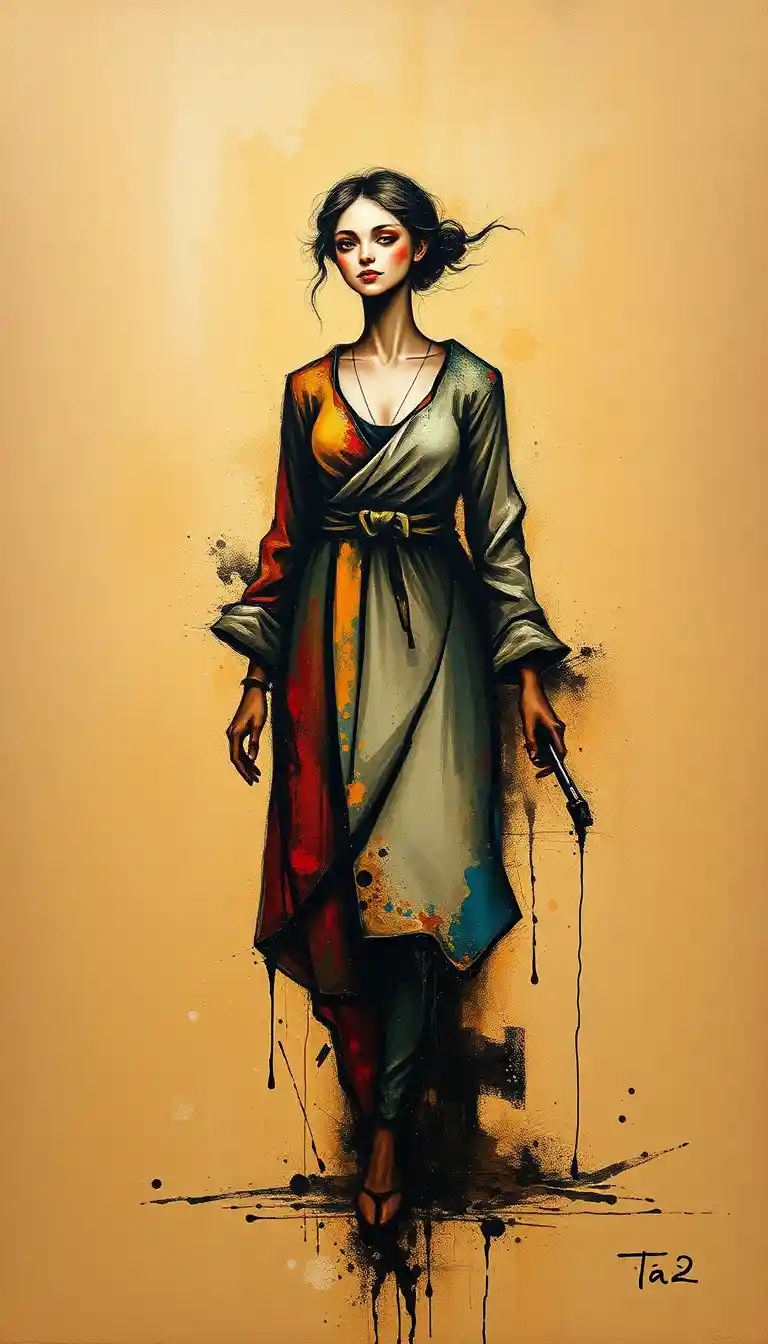 Pintura al óleo abstracta de una mujer gentil con vestido antiguo