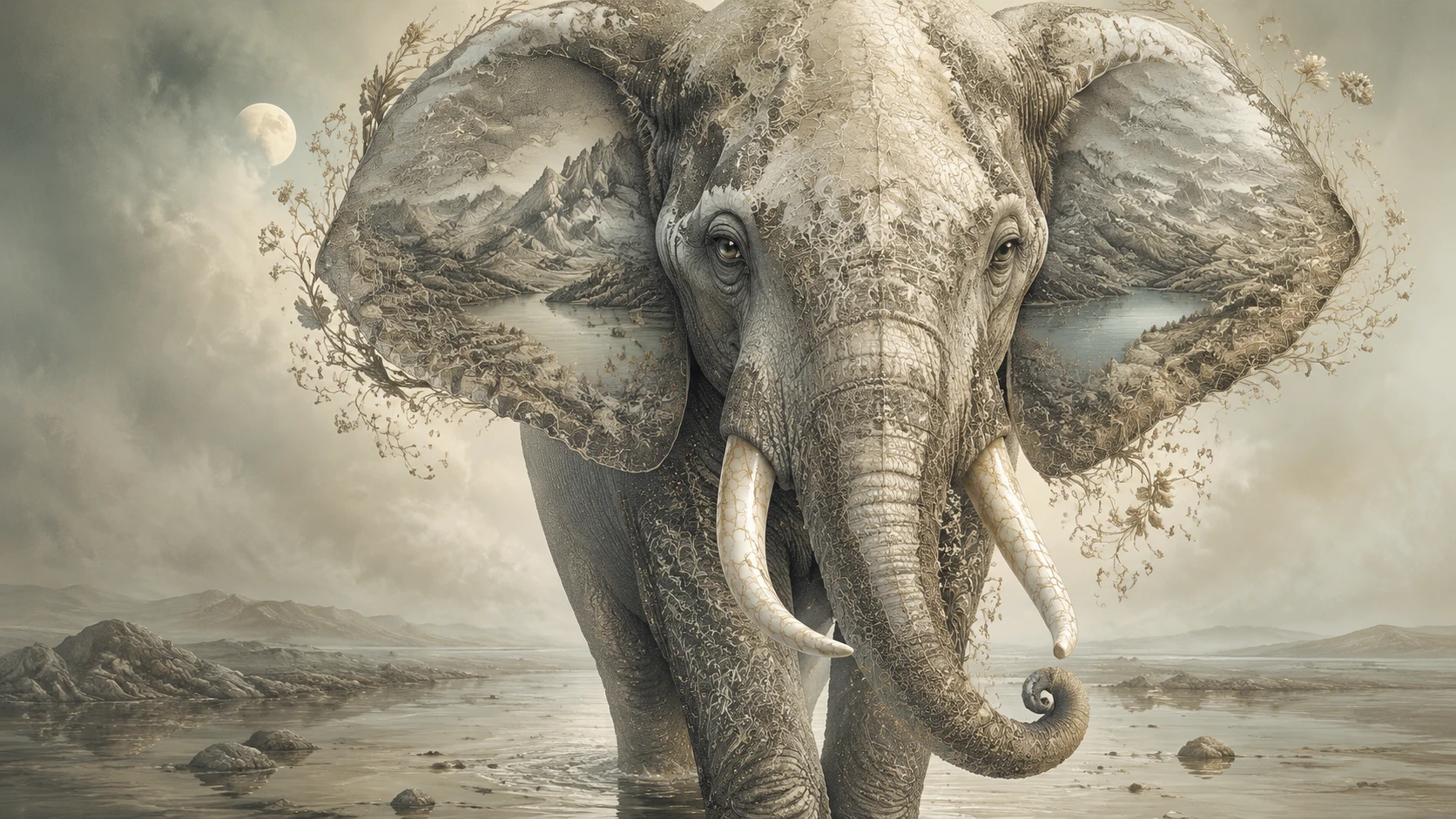 Elefante surreal caminhando por um sonho pálido e abstrato