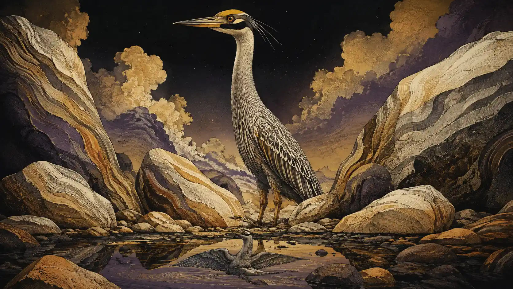 Surreal heron towering among massive river rocks