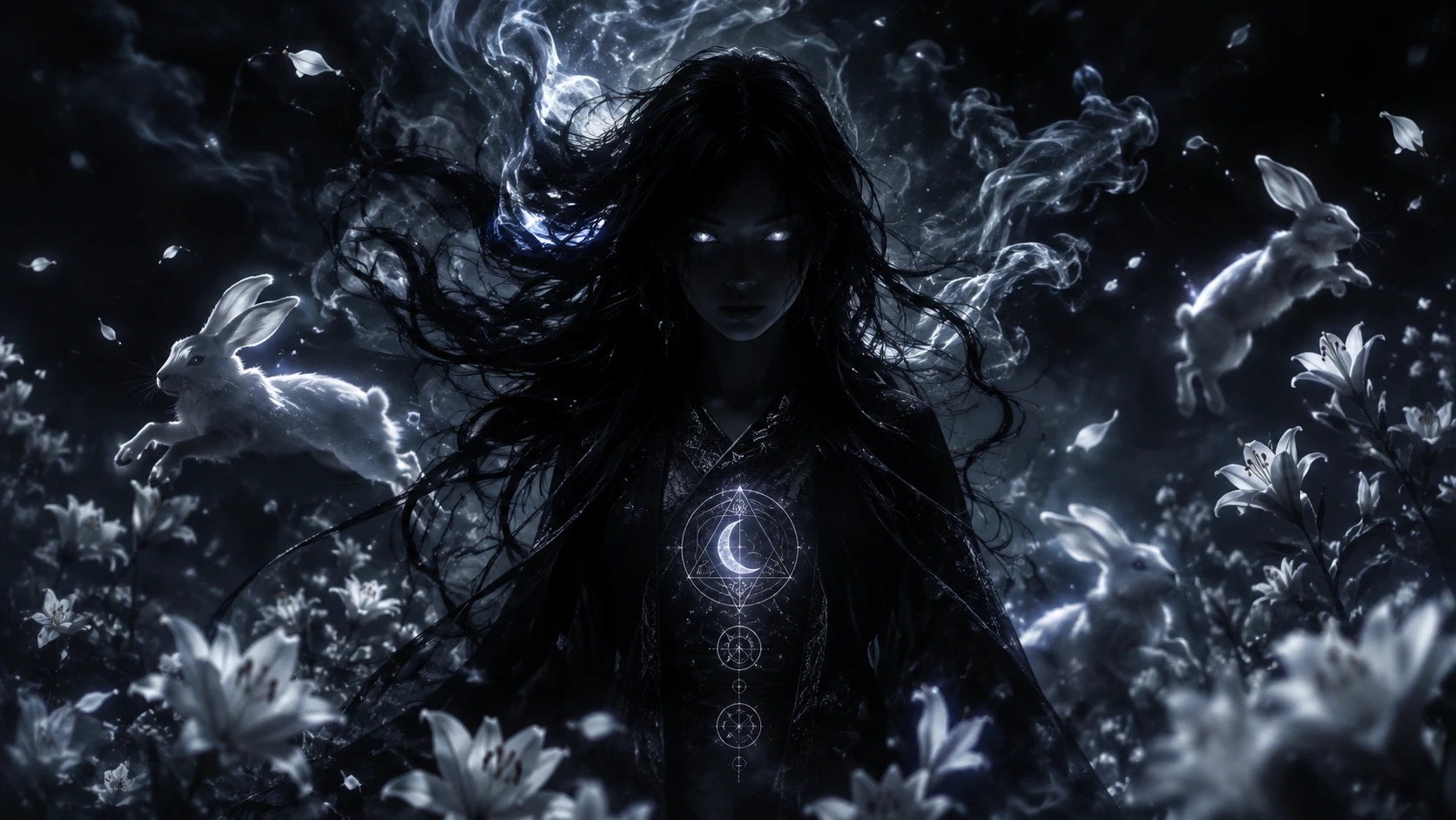 Donna mistica dagli occhi luminosi in un oscuro mondo fantasy