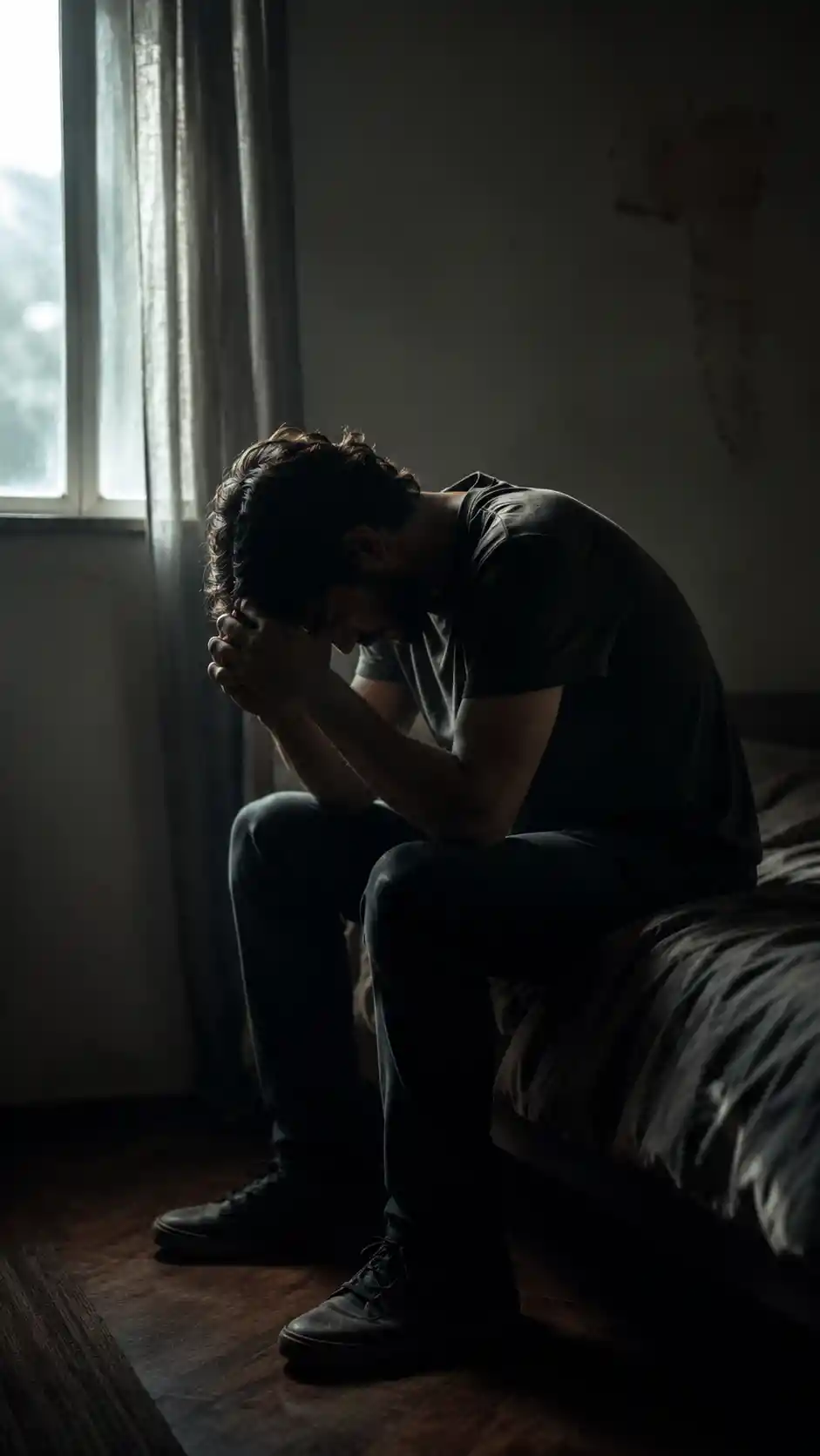 Man sitting alone in a dim room by a window