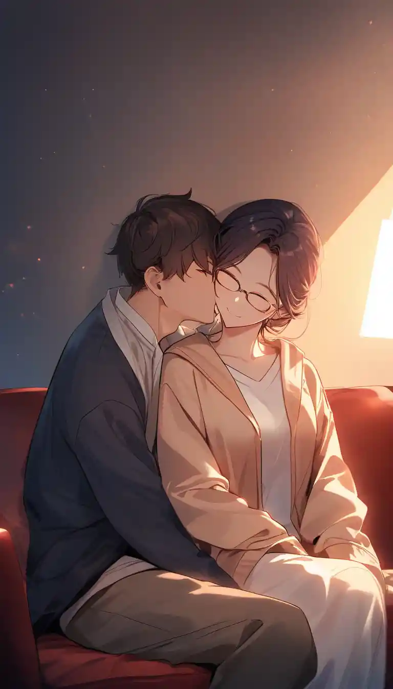 Romantic couple cuddling on a cozy living room couch