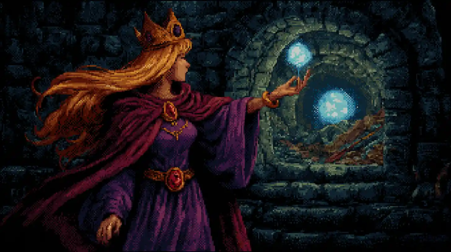 Hooded alchemist queen with glowing staff in a mine