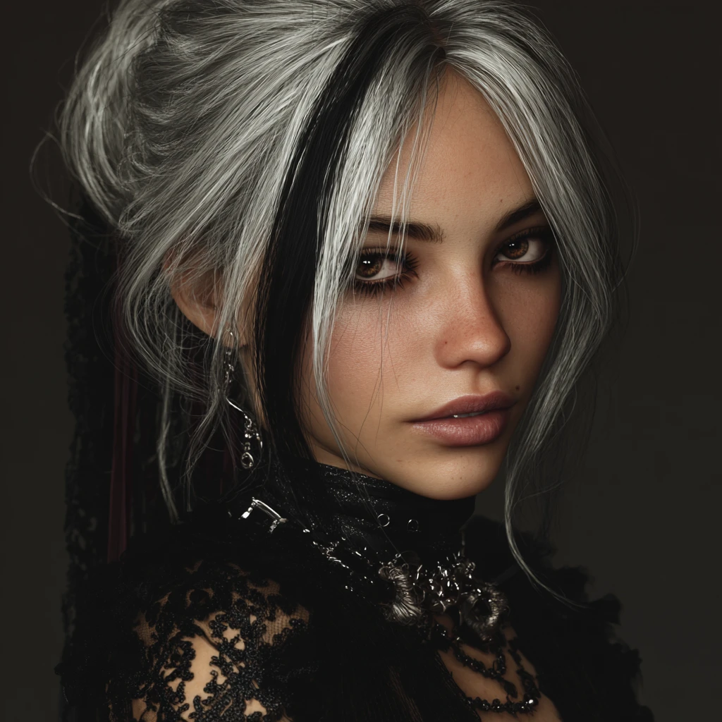 Barda fantasy dai capelli argento con trucco goth scuro