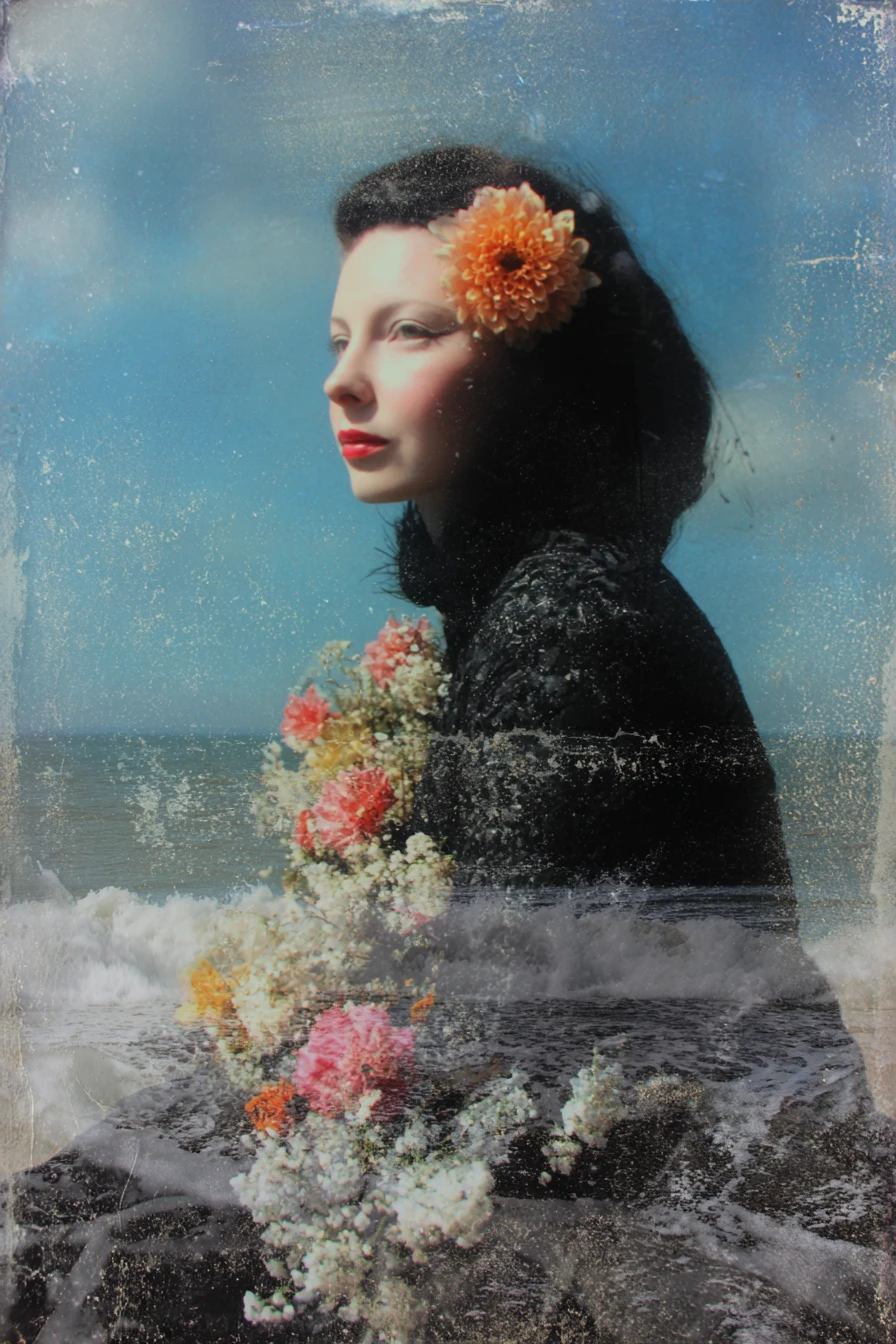 Retrato surrealista de una mujer alegre junto al mar Báltico