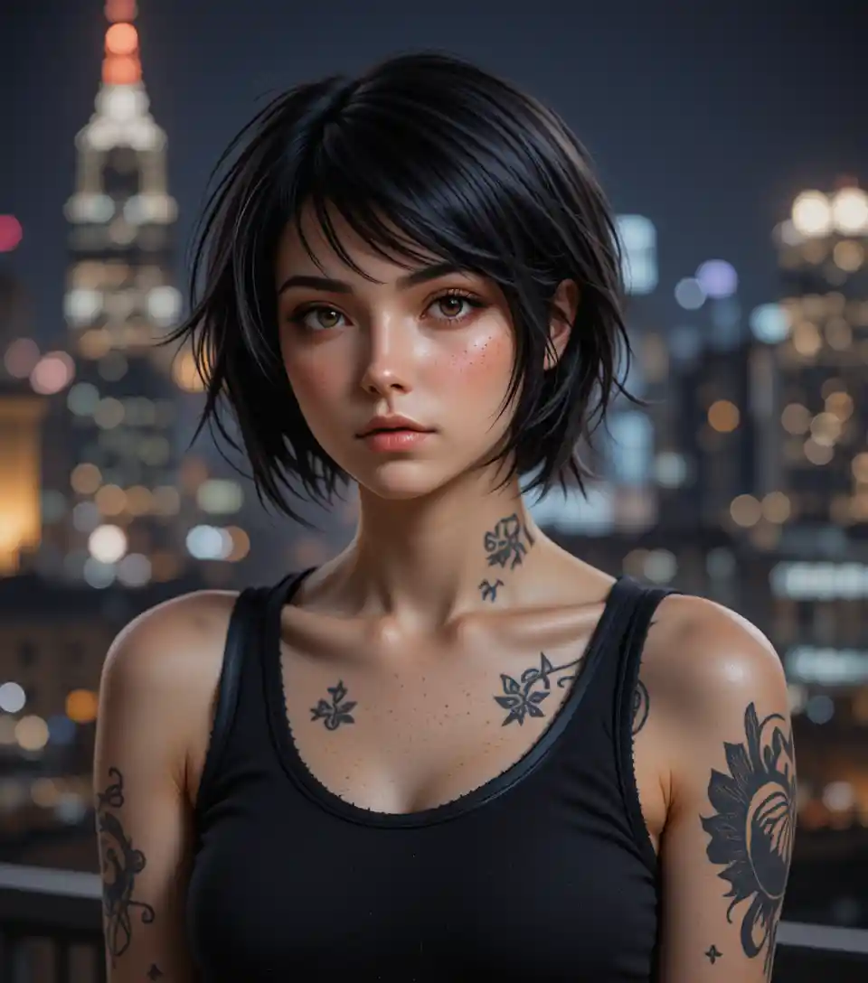 Tattooed young woman in black top before city lights