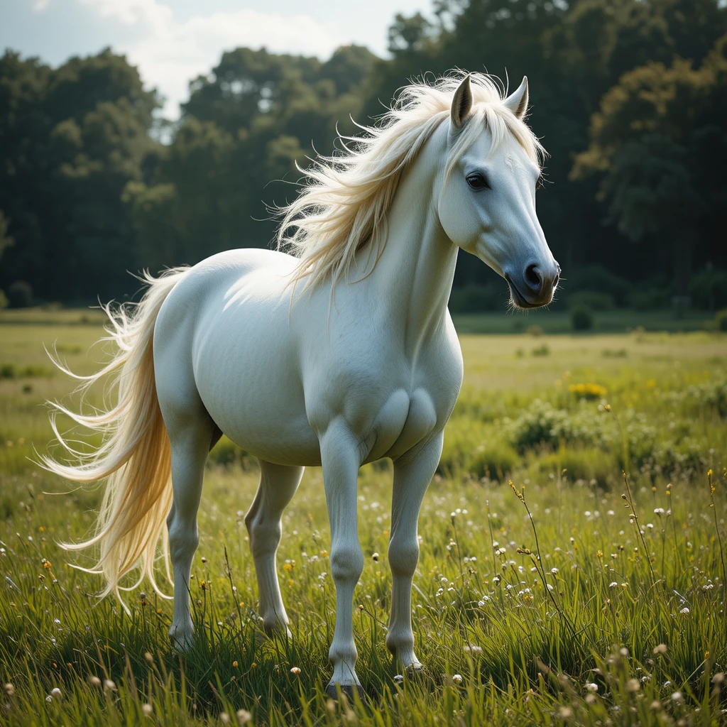Cavalo branco em um prado verde com crina ao vento