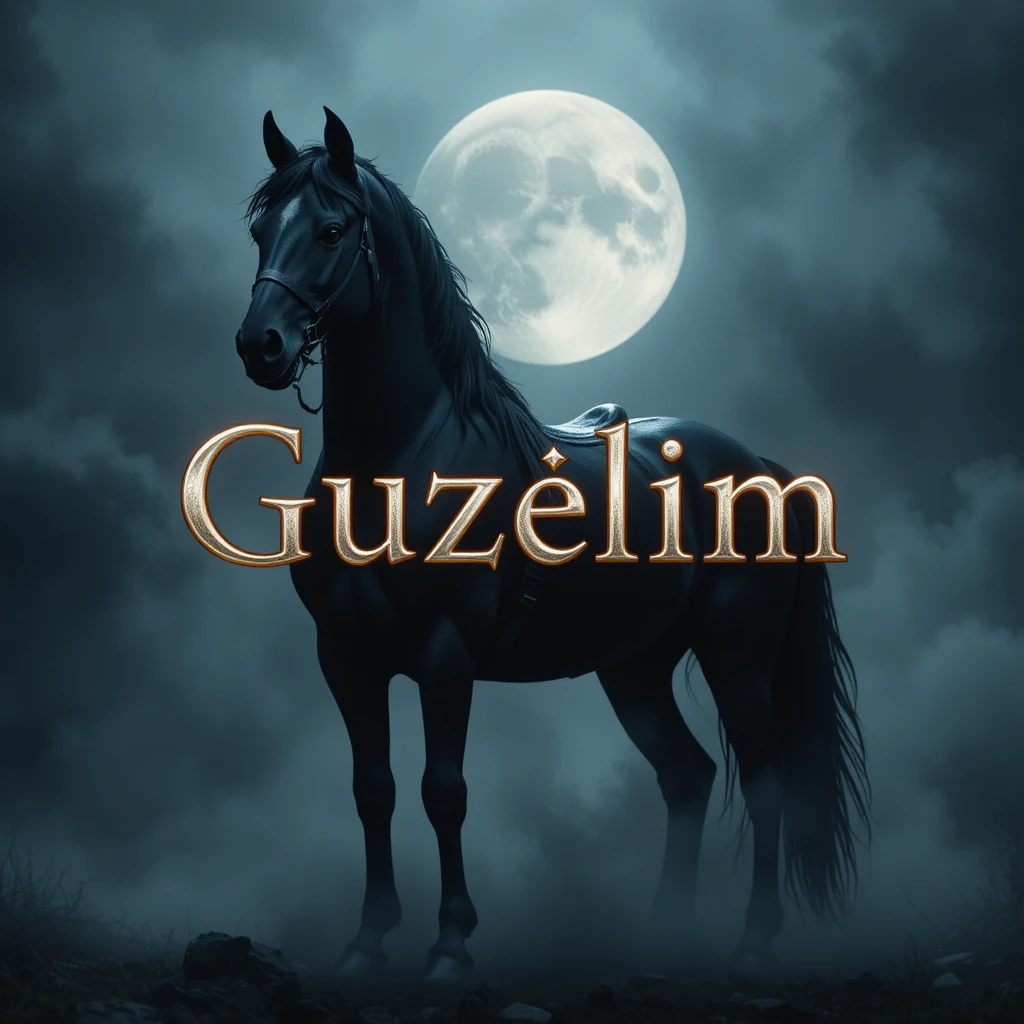 Texto romántico en turco sobre caballo negro en niebla a la luz de la luna