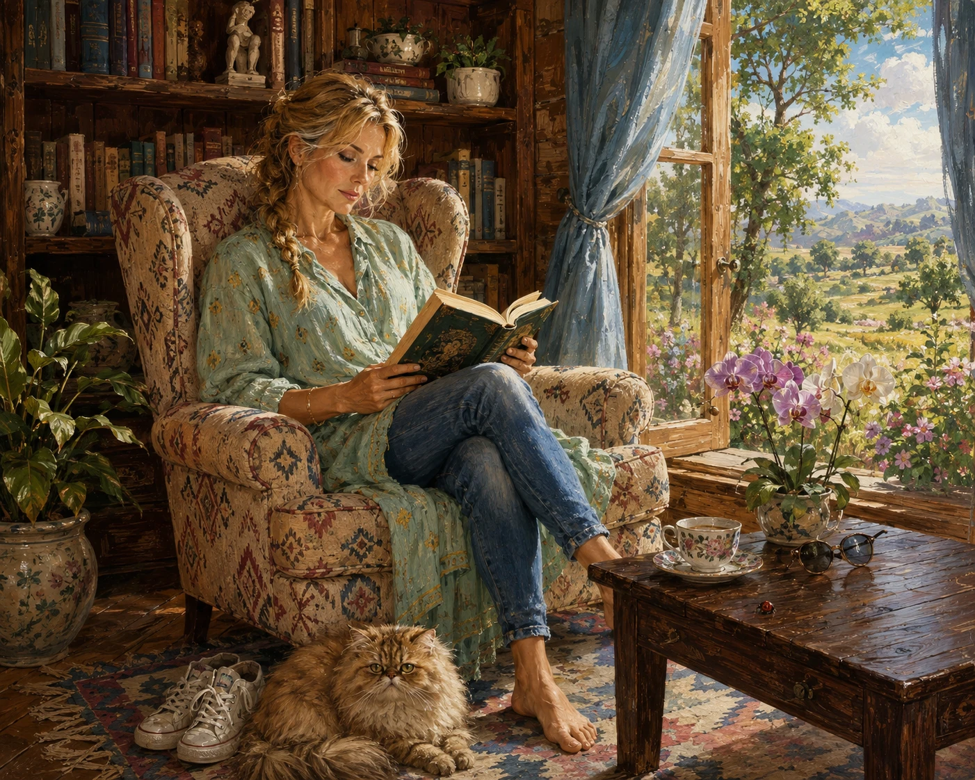 Mujer de mediana edad leyendo en una acogedora cabaña de madera