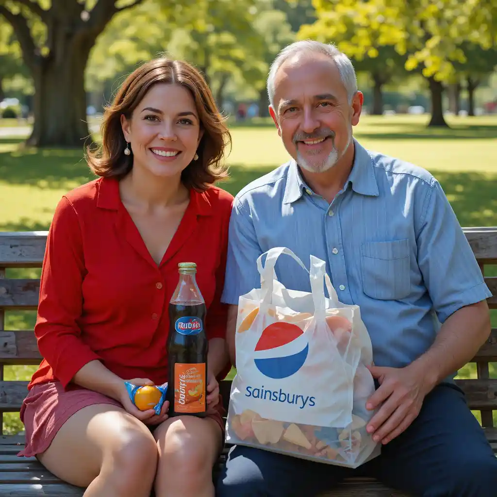 Couple sharing picnic lunch with friend on sunny park bench