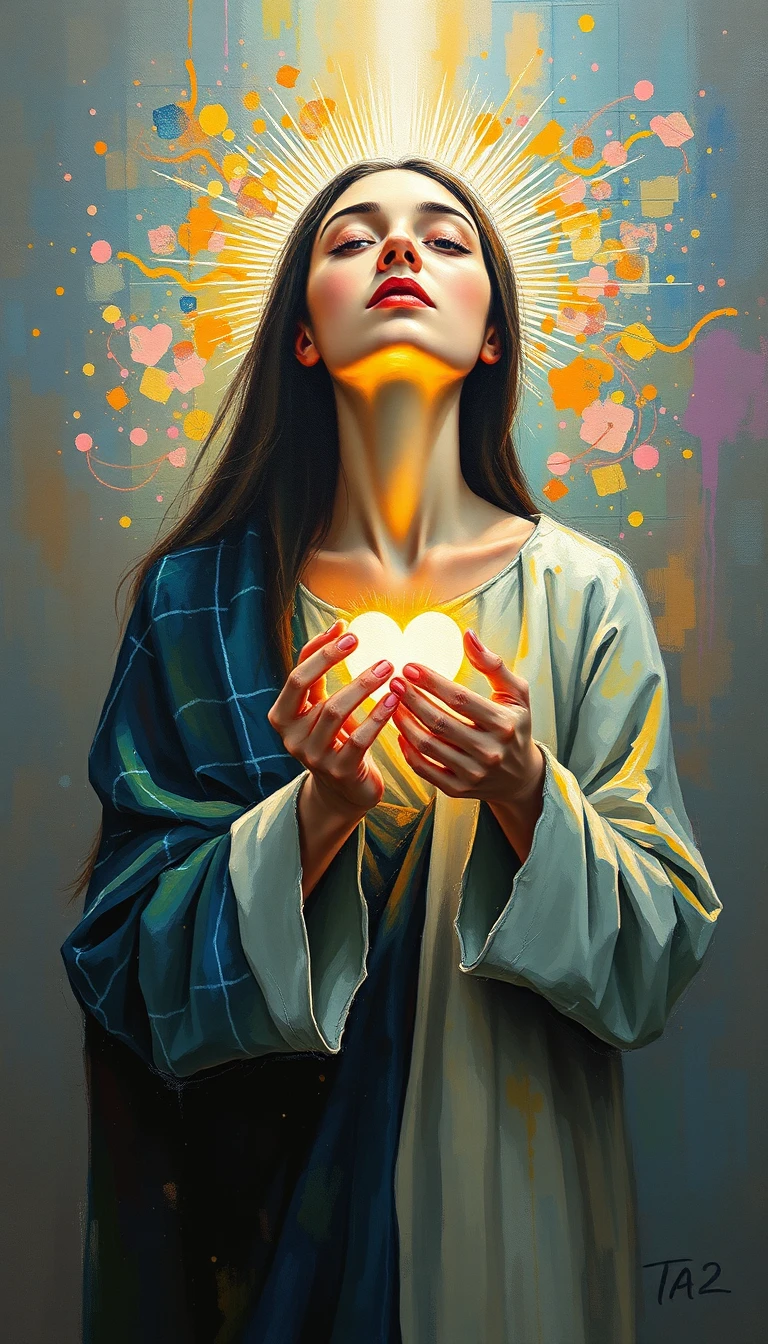 Mujer formando un corazón luminoso en una luz abstracta y serena