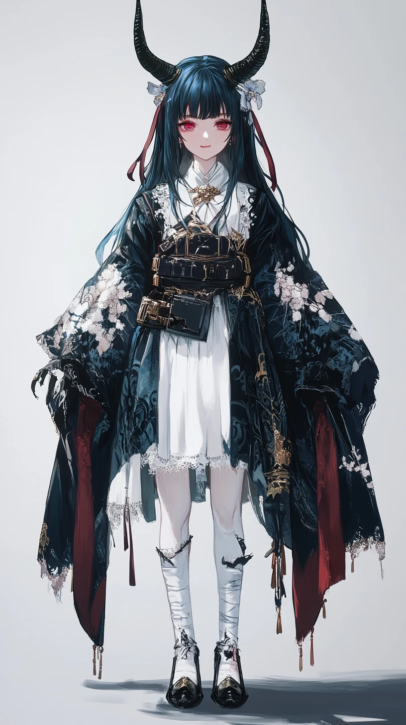 凝ったファンタジーストリート衣装の黒髪アニメ少女